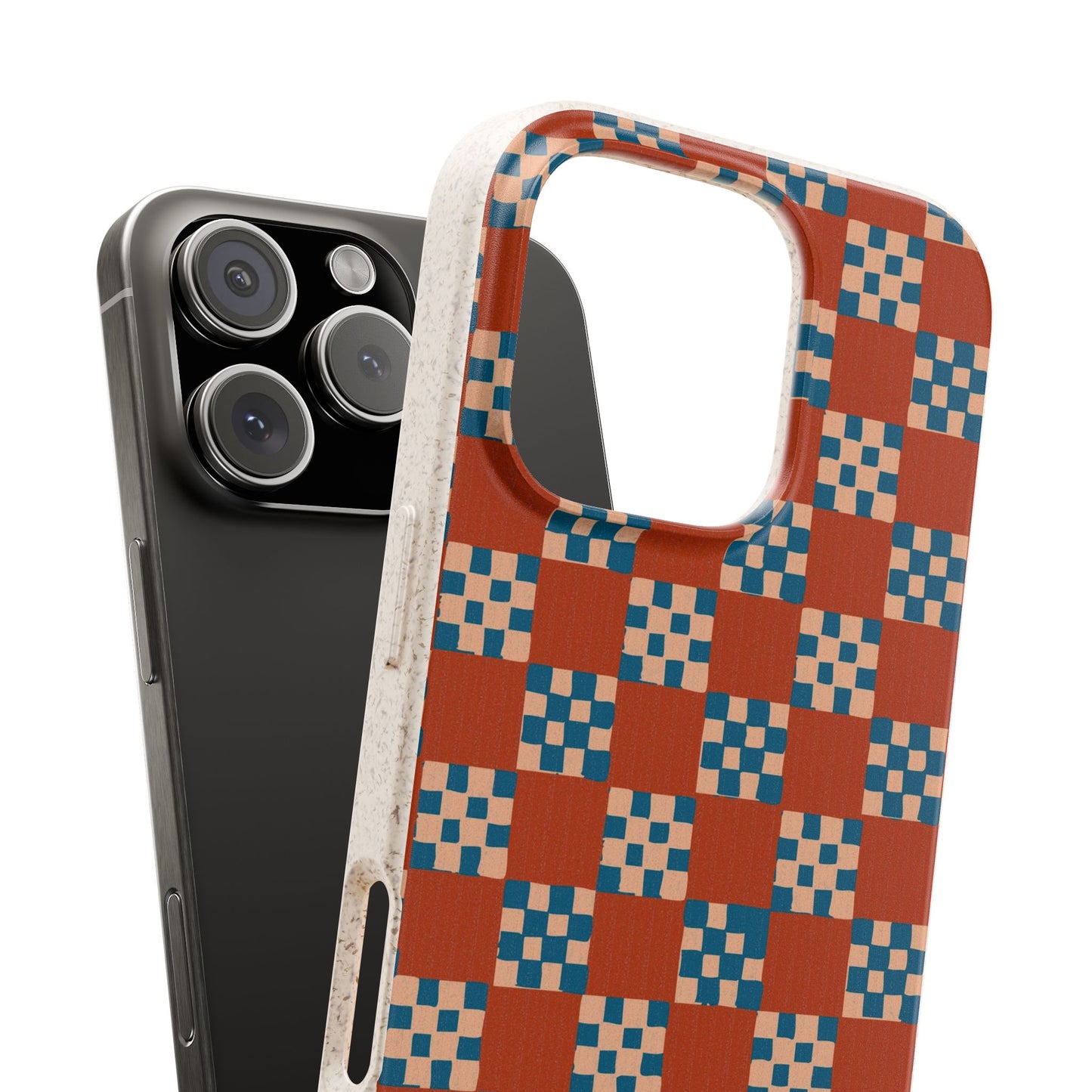 Checkered Quilt Phone Case - rust, peach and blue - Eco-Friendly, Biodegradable