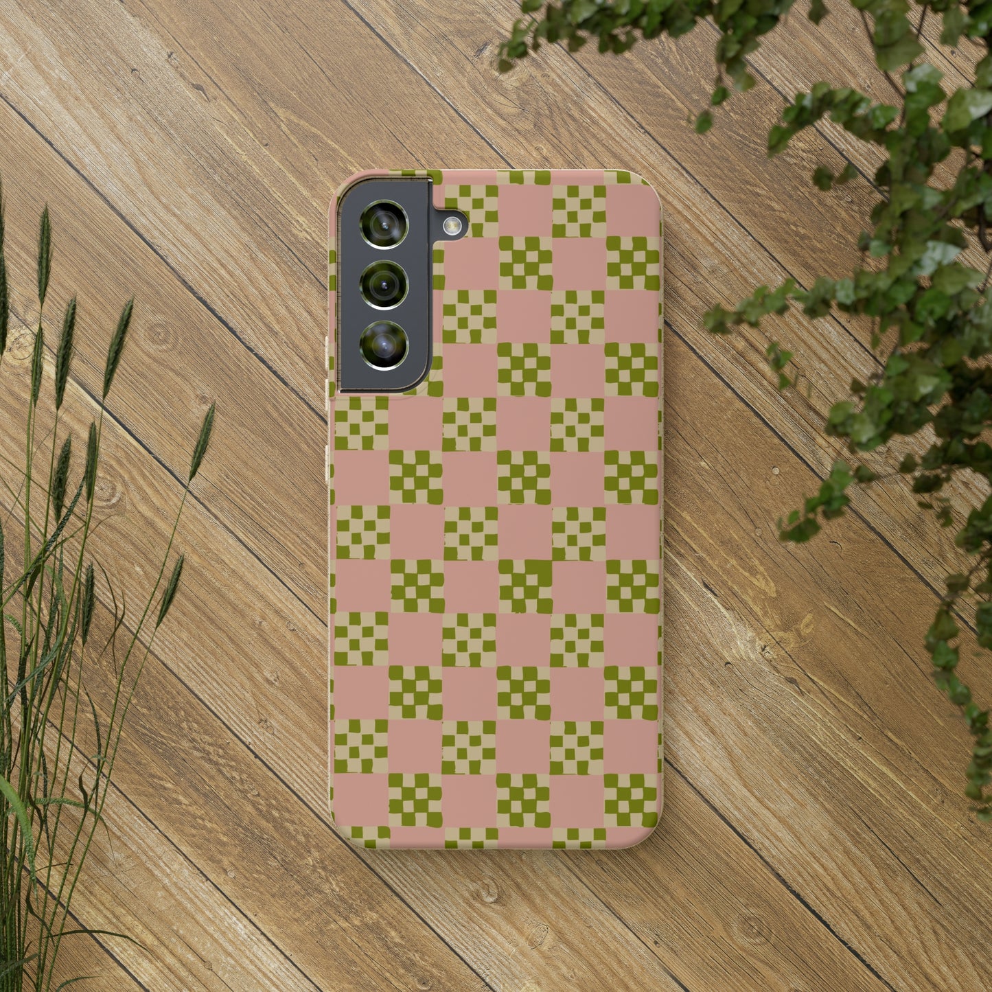 Checkered Quilt Biodegradable Phone Case, pink, olive green and light yellow