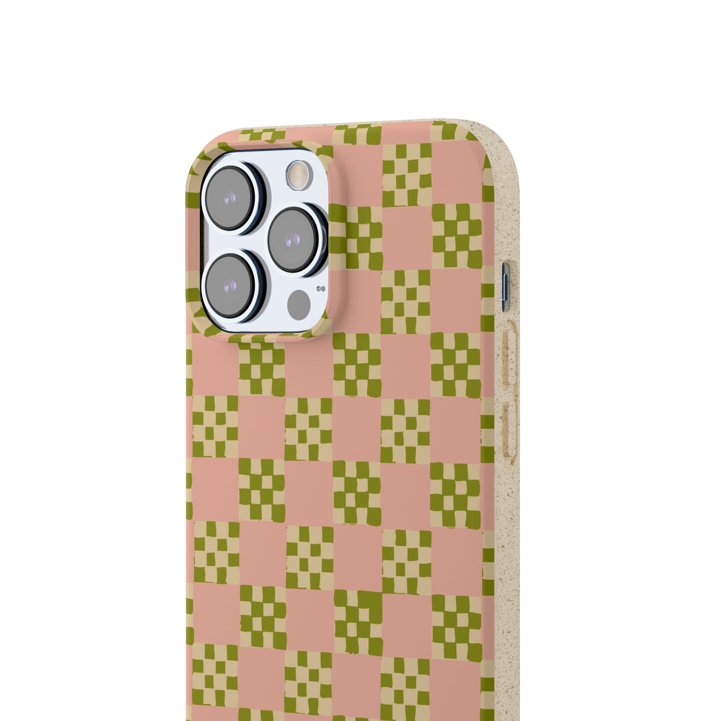 Checkered Quilt Biodegradable Phone Case, pink, olive green and light yellow