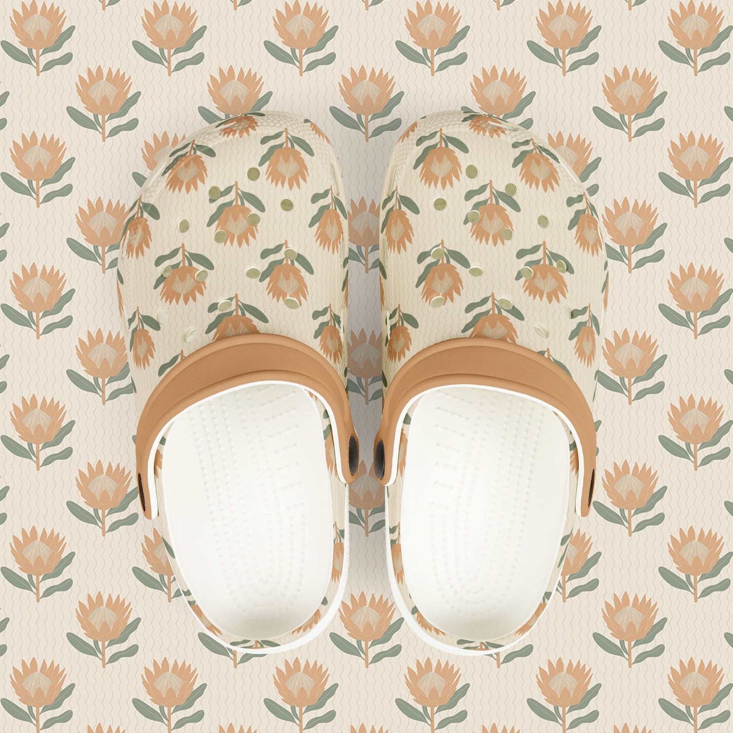 King Protea Floral Kid's EVA Foam Clogs — Neutral and Apricot All-Over Print Slip-on Shoes