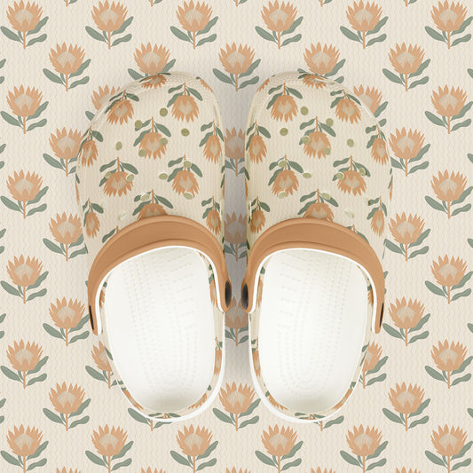 King Protea Floral Kid's EVA Foam Clogs — Neutral and Apricot All-Over Print Slip-on Shoes