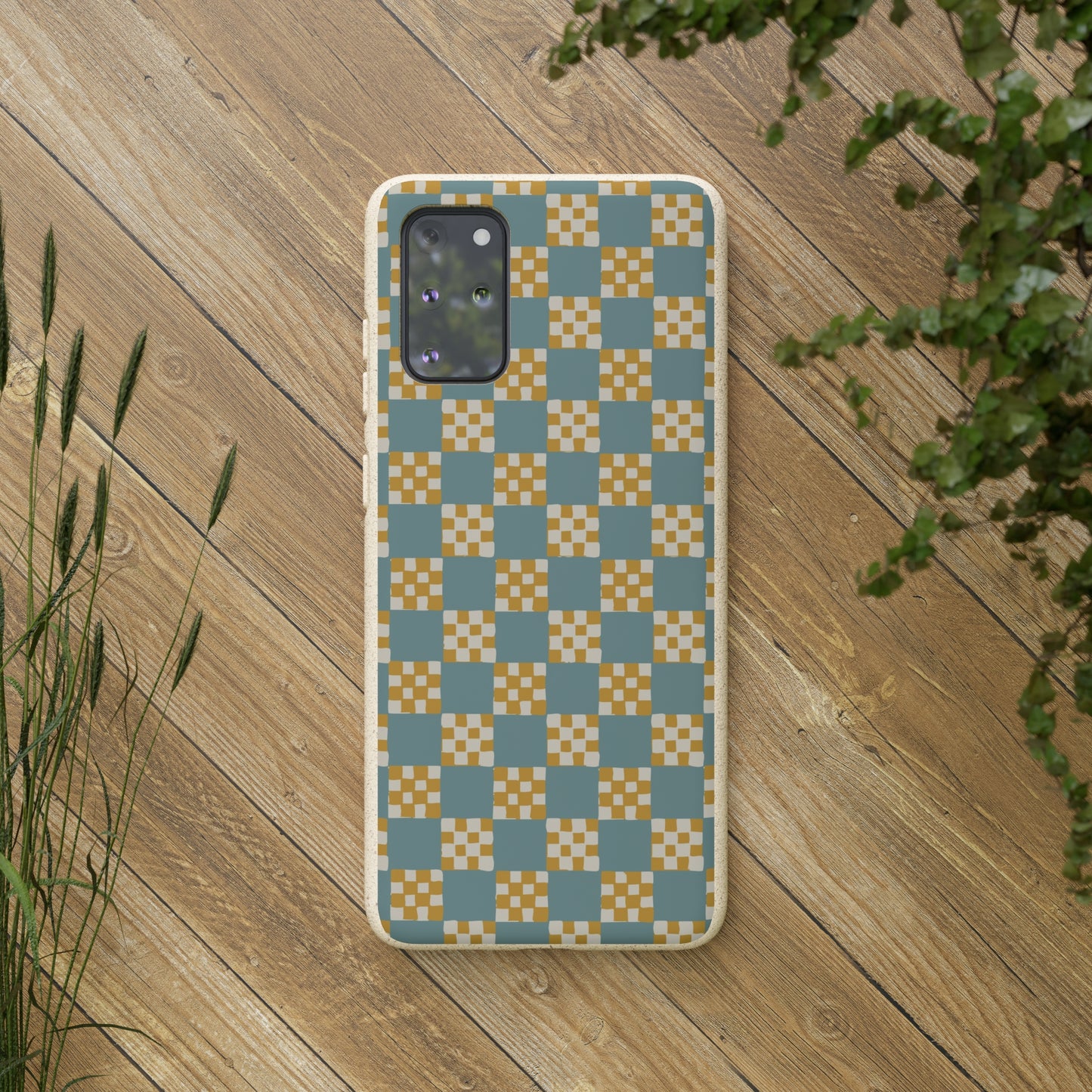 Checkered Quilt Biodegradable Phone Case, light blue and yellow