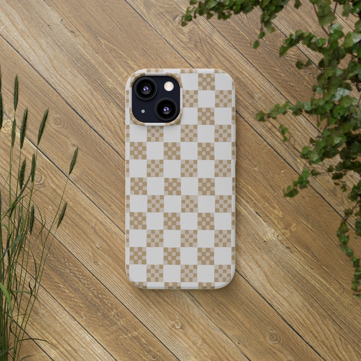 Checkered Quilt Biodegradable Phone Case, tan and white