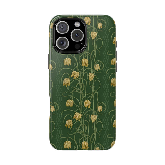 Campanas Floral Tough Phone Case — Dark Green and Ocher Wildflower Protective Cover, Personalizable