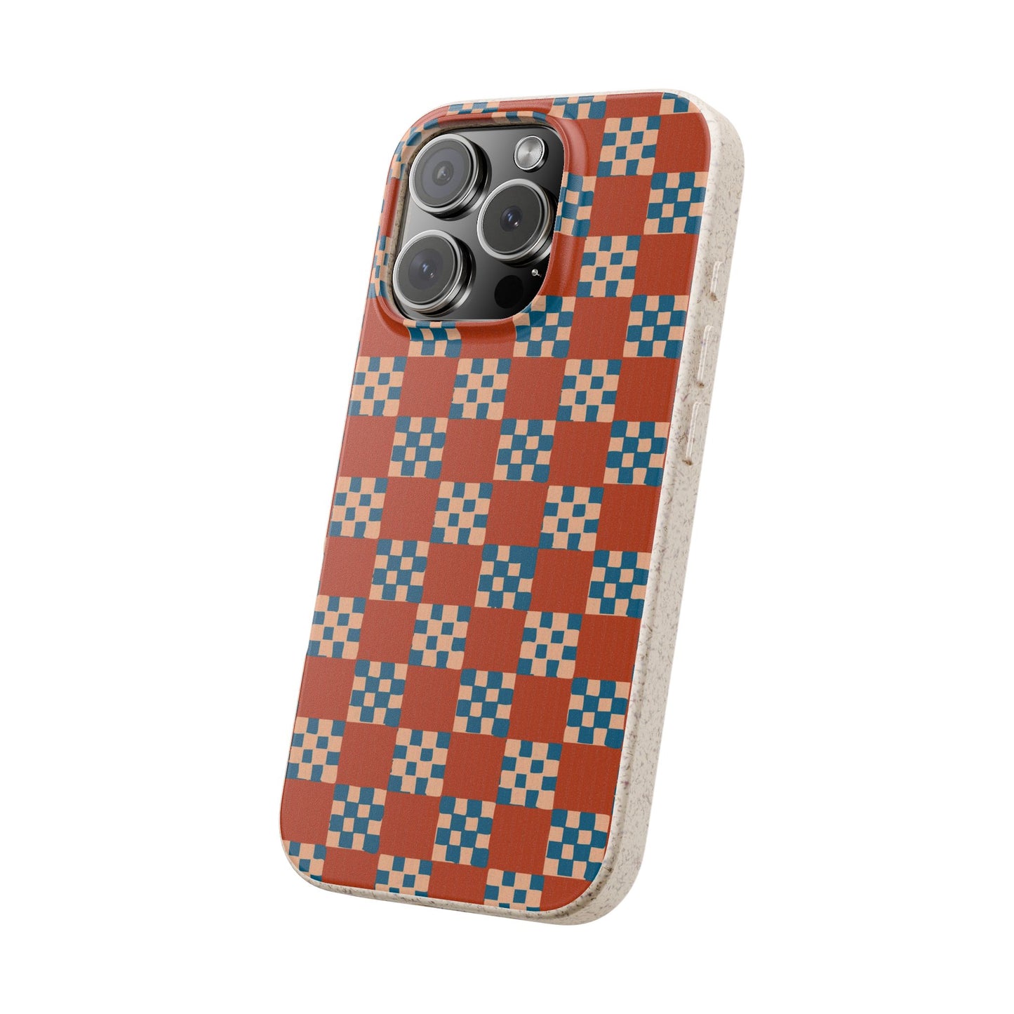 Checkered Quilt Phone Case - rust, peach and blue - Eco-Friendly, Biodegradable