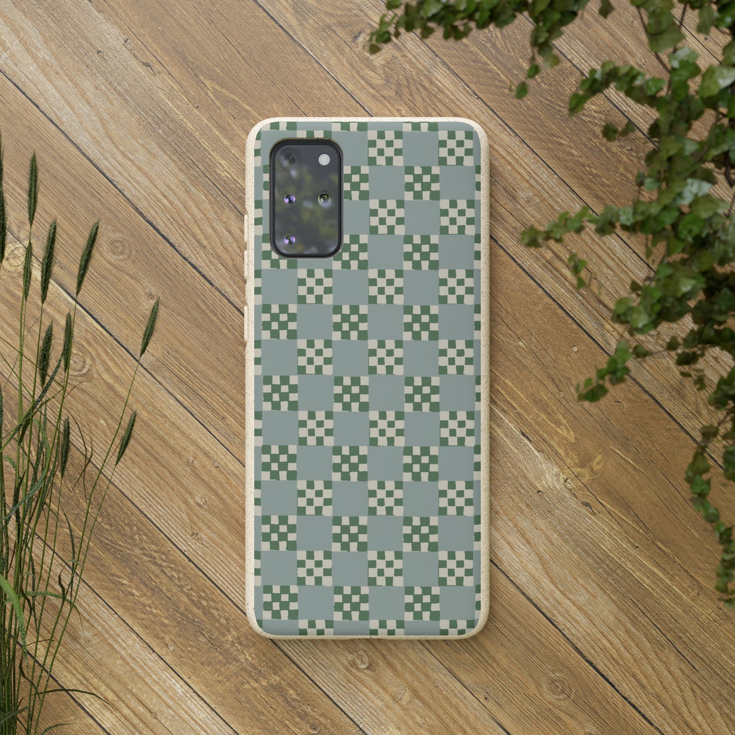 Checkered Quilt Biodegradable Phone Case, mint and green