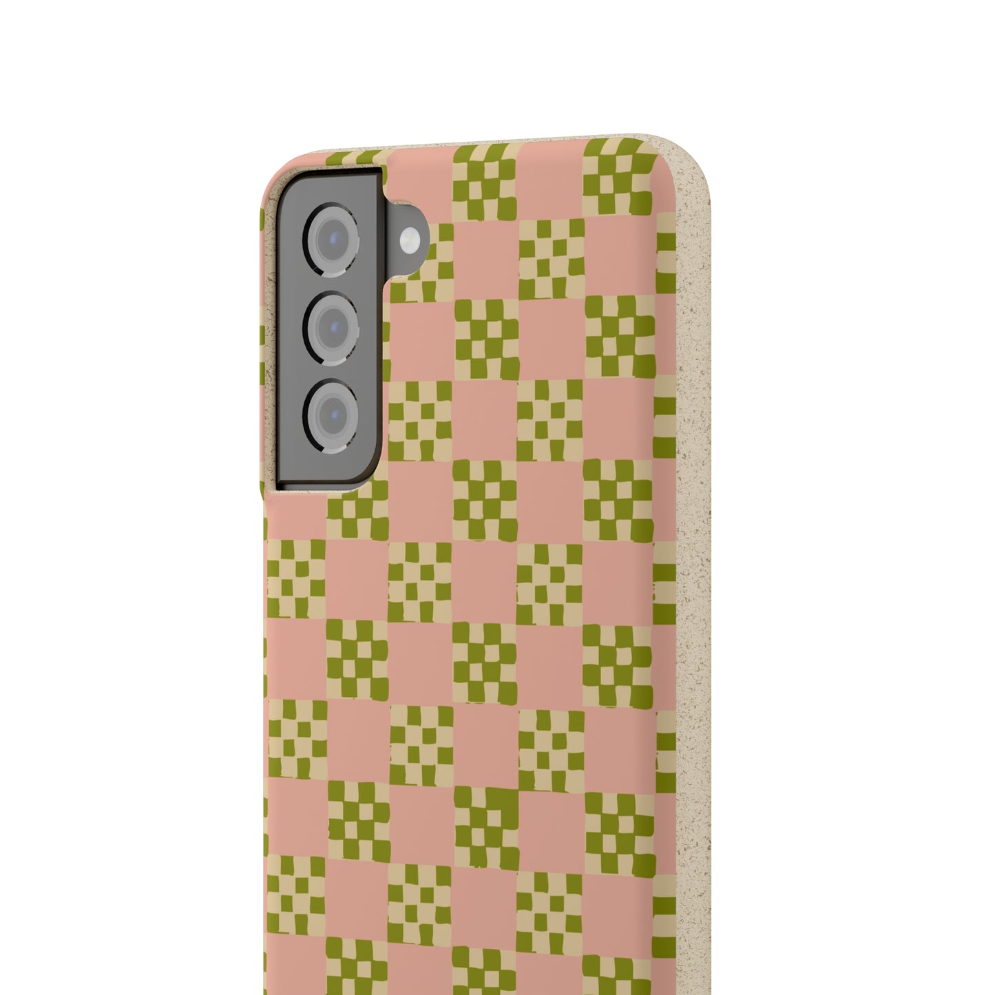 Checkered Quilt Biodegradable Phone Case, pink, olive green and light yellow