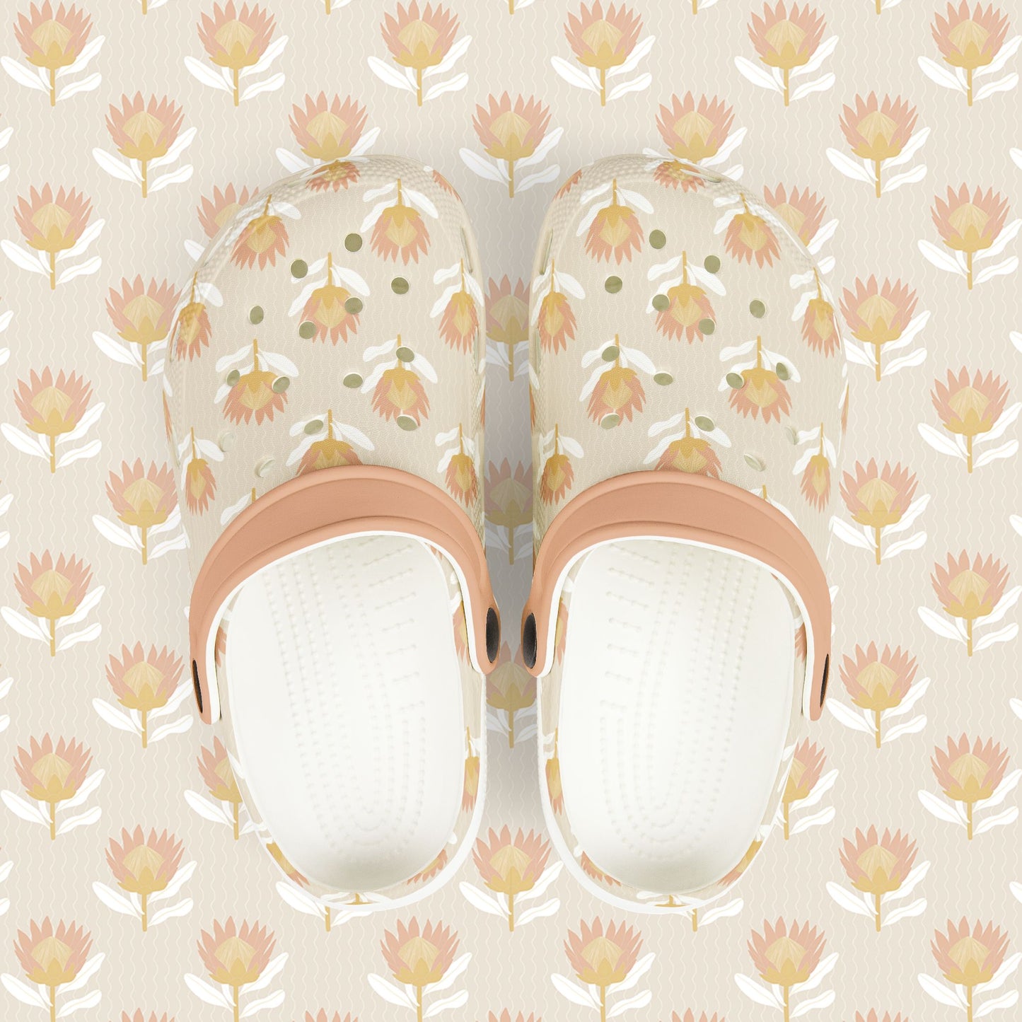 King Protea Floral Kid's EVA Foam Clogs — Tan and Light Coral All-Over Print Slip-on Shoes