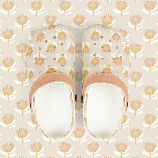 King Protea Floral Kid's EVA Foam Clogs — Tan and Light Coral All-Over Print Slip-on Shoes
