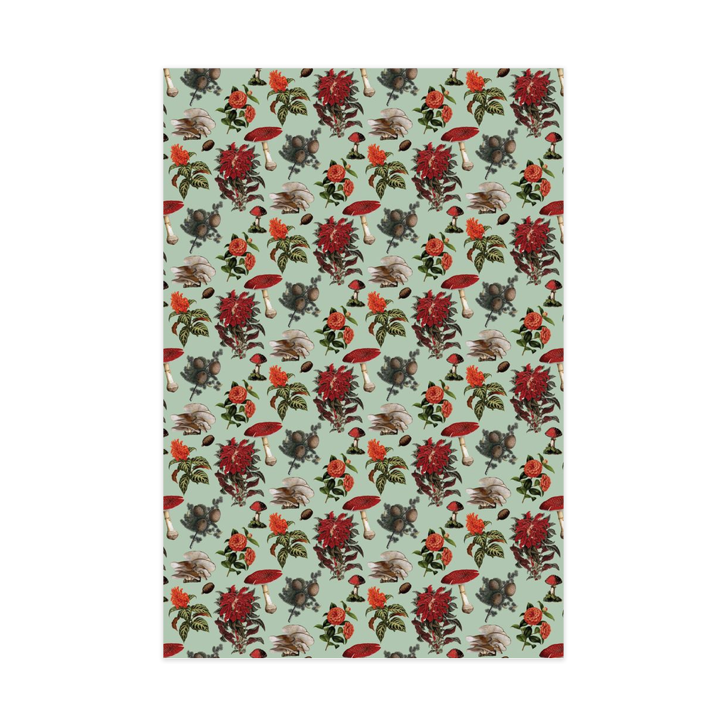 Pines and Shrooms Wrapping Paper, Large Roll, mint and red