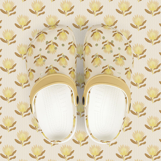 King Protea Floral Kid's EVA Foam Clogs — Neutral and Brown Mustard All-Over Print Slip-on Shoes