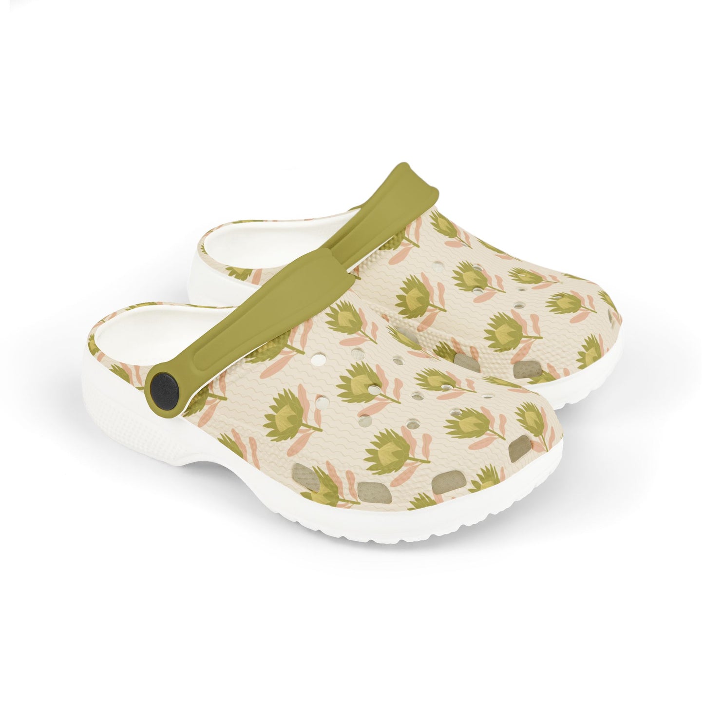 King Protea Floral Kid's EVA Foam Clogs — Tan and Olive All-Over Print Slip-on Shoes
