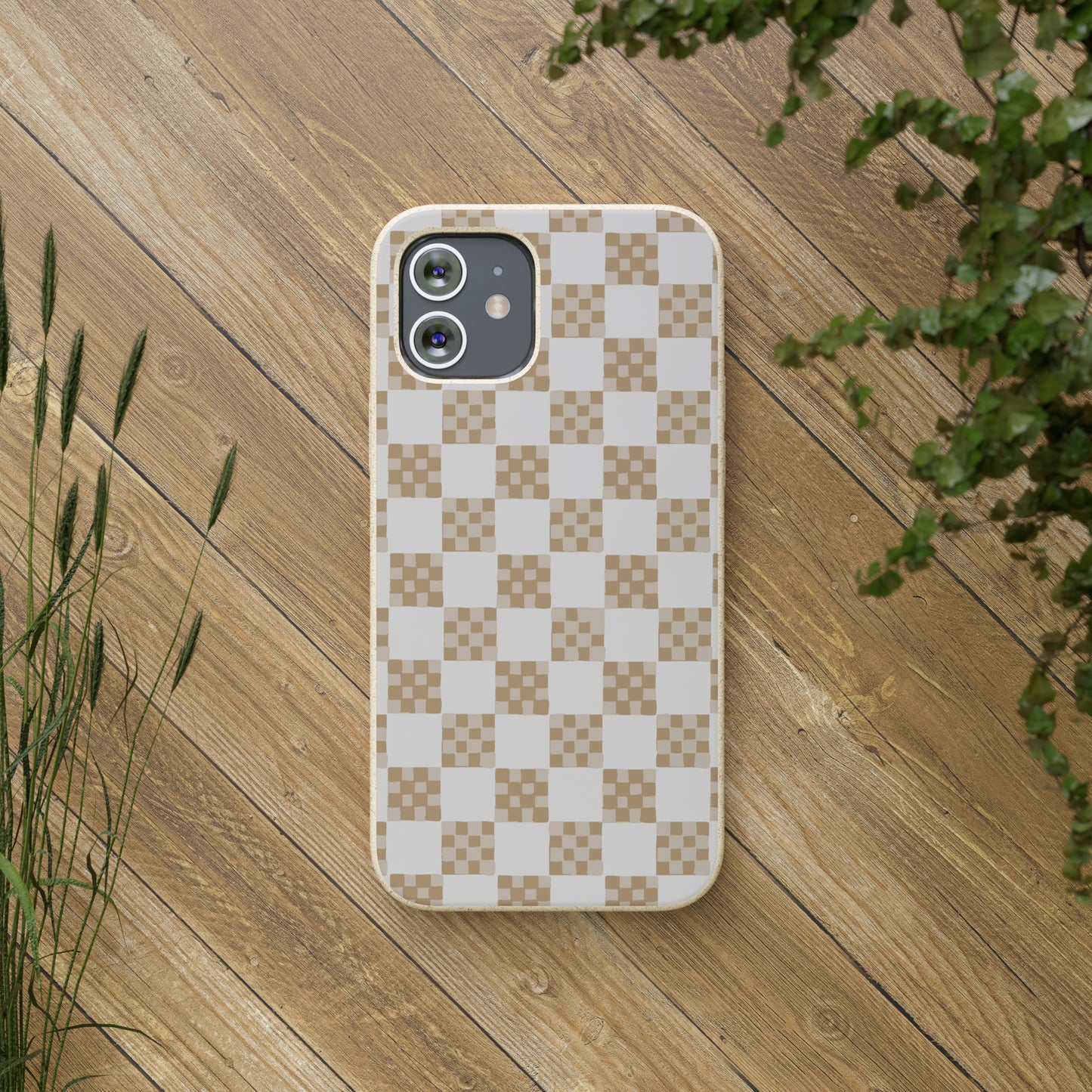 Checkered Quilt Biodegradable Phone Case, tan and white