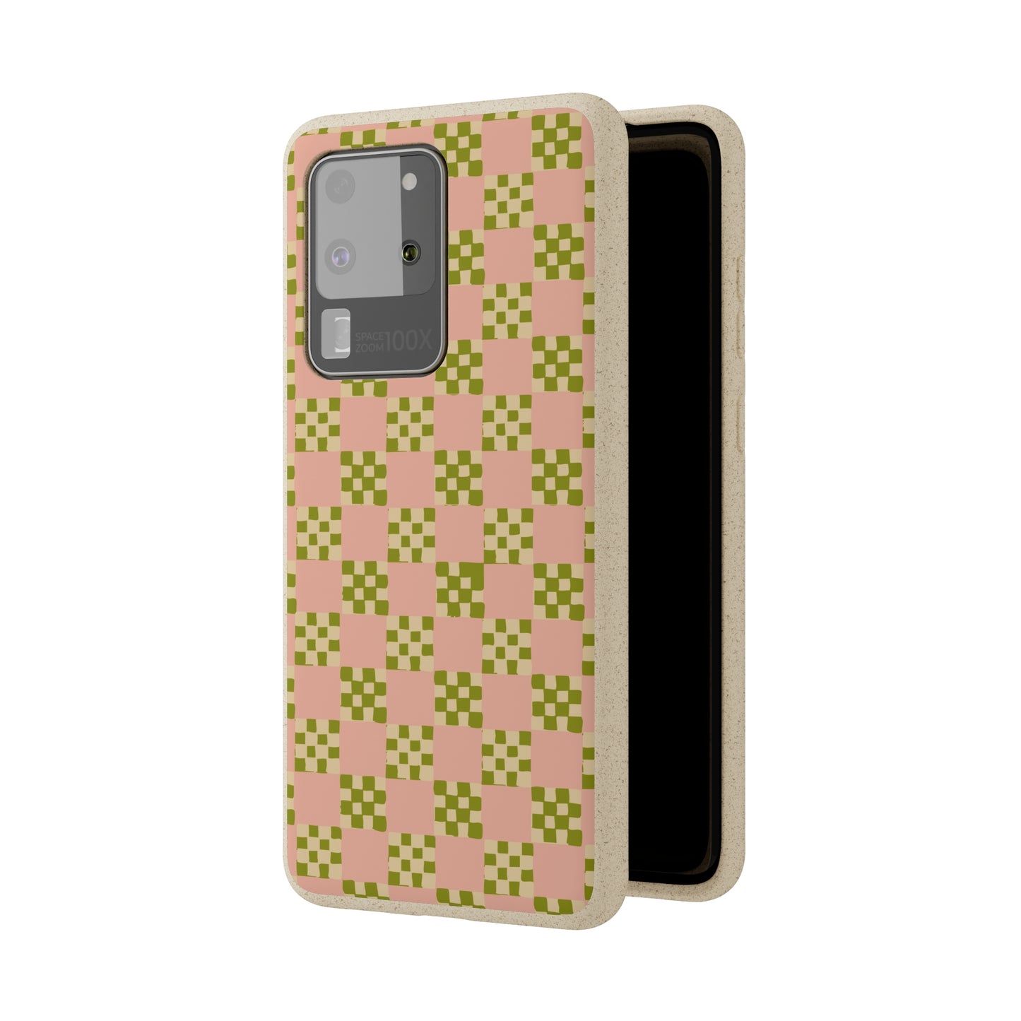 Checkered Quilt Biodegradable Phone Case, pink, olive green and light yellow