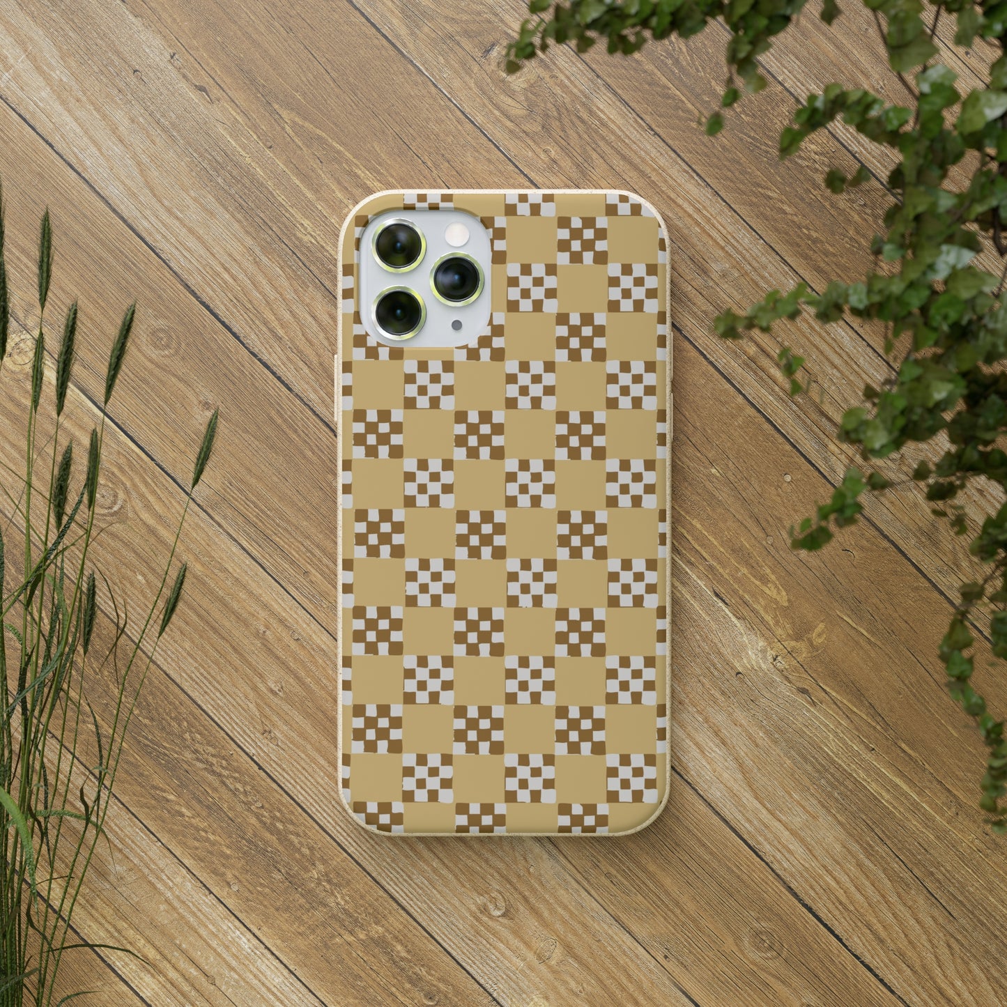 Checkered Quilt Biodegradable Phone Case, butter yellow, white and toffee