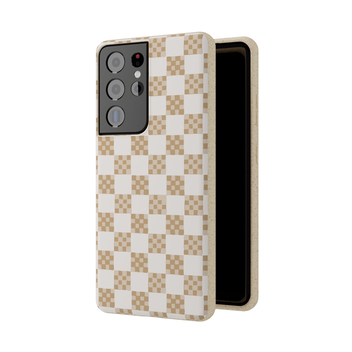 Checkered Quilt Biodegradable Phone Case, tan and white