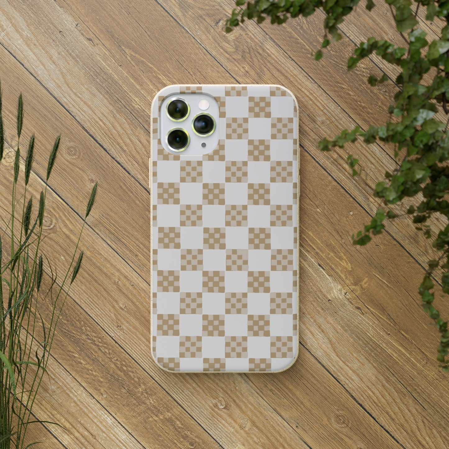 Checkered Quilt Biodegradable Phone Case, tan and white