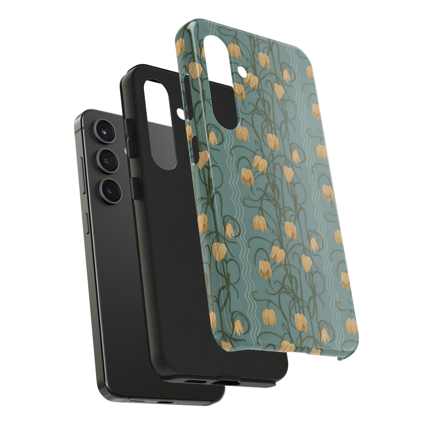 Campanas Floral Tough Phone Case — Dusty Blue and Marigold Wildflower Protective Cover, Personalizable