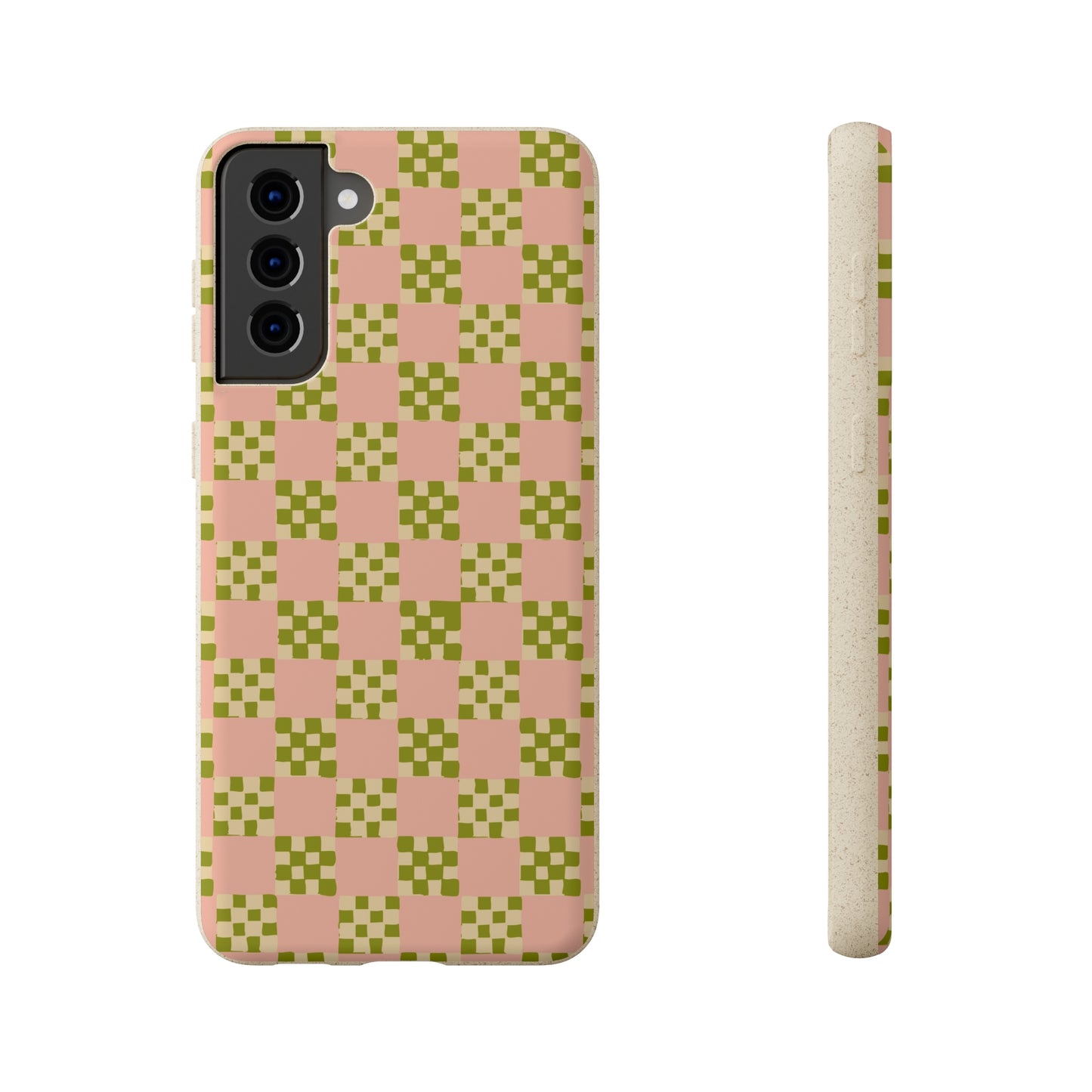 Checkered Quilt Biodegradable Phone Case, pink, olive green and light yellow