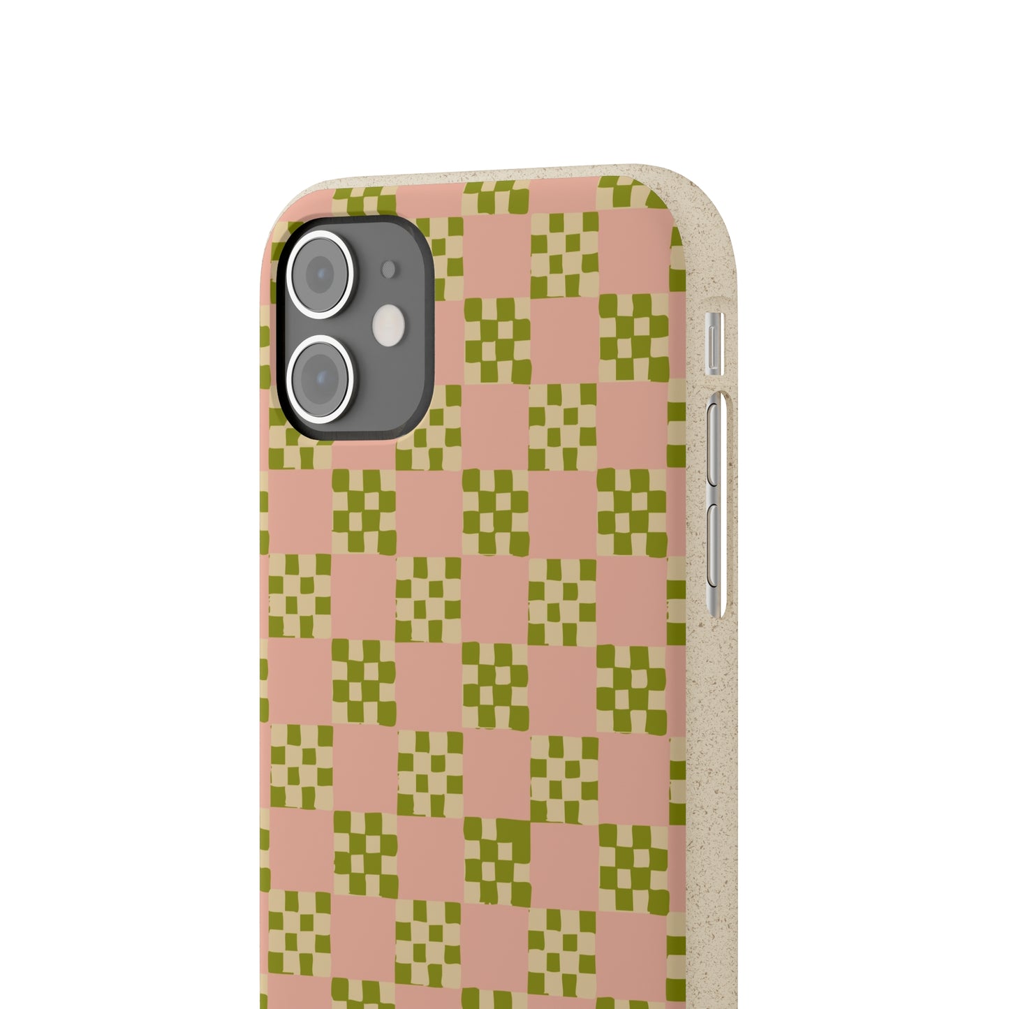 Checkered Quilt Biodegradable Phone Case, pink, olive green and light yellow