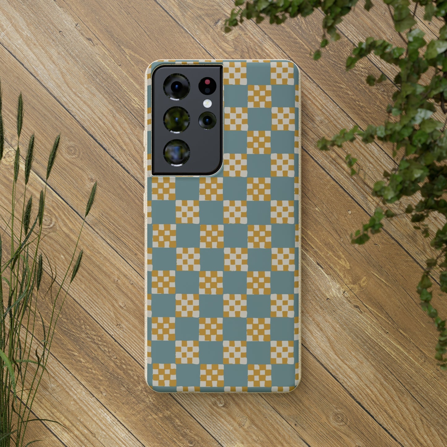 Checkered Quilt Biodegradable Phone Case, light blue and yellow