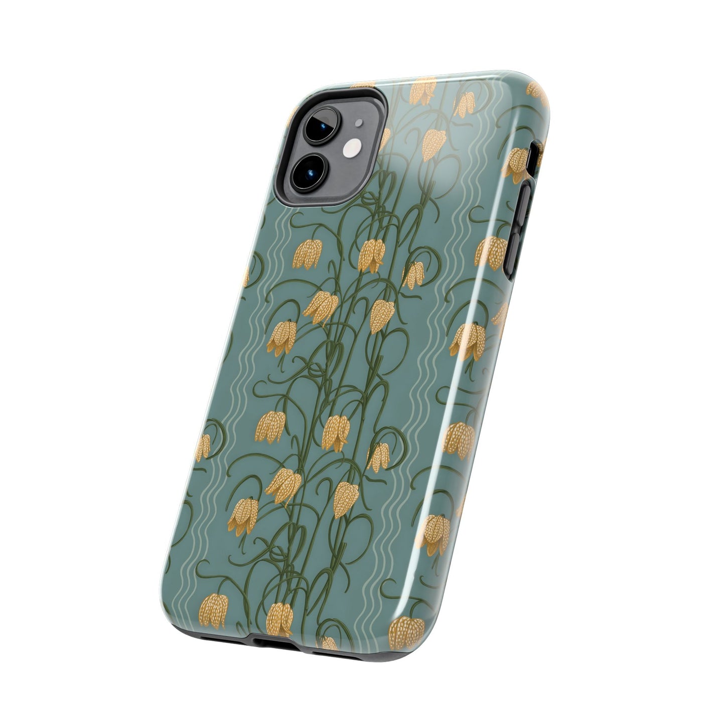 Campanas Floral Tough Phone Case — Dusty Blue and Marigold Wildflower Protective Cover, Personalizable