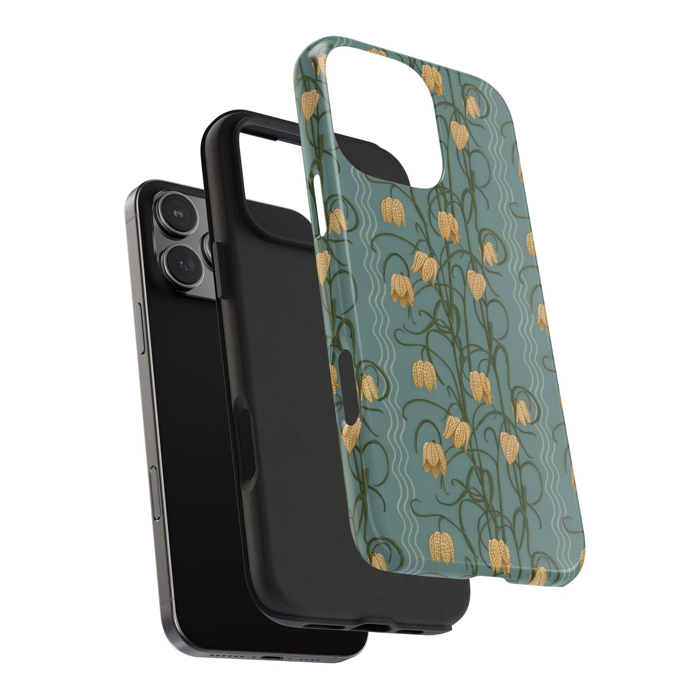 Campanas Floral Tough Phone Case — Dusty Blue and Marigold Wildflower Protective Cover, Personalizable