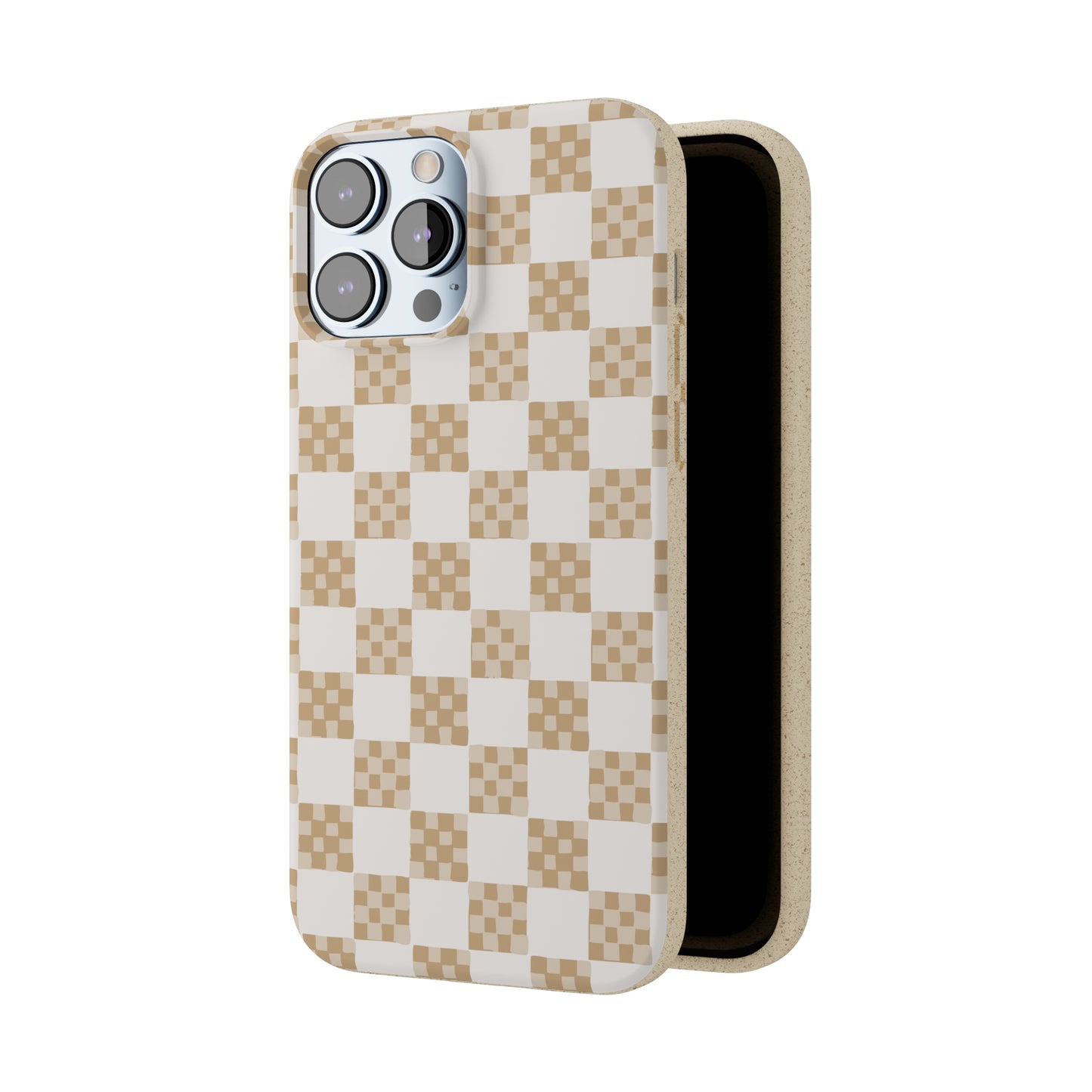 Checkered Quilt Biodegradable Phone Case, tan and white