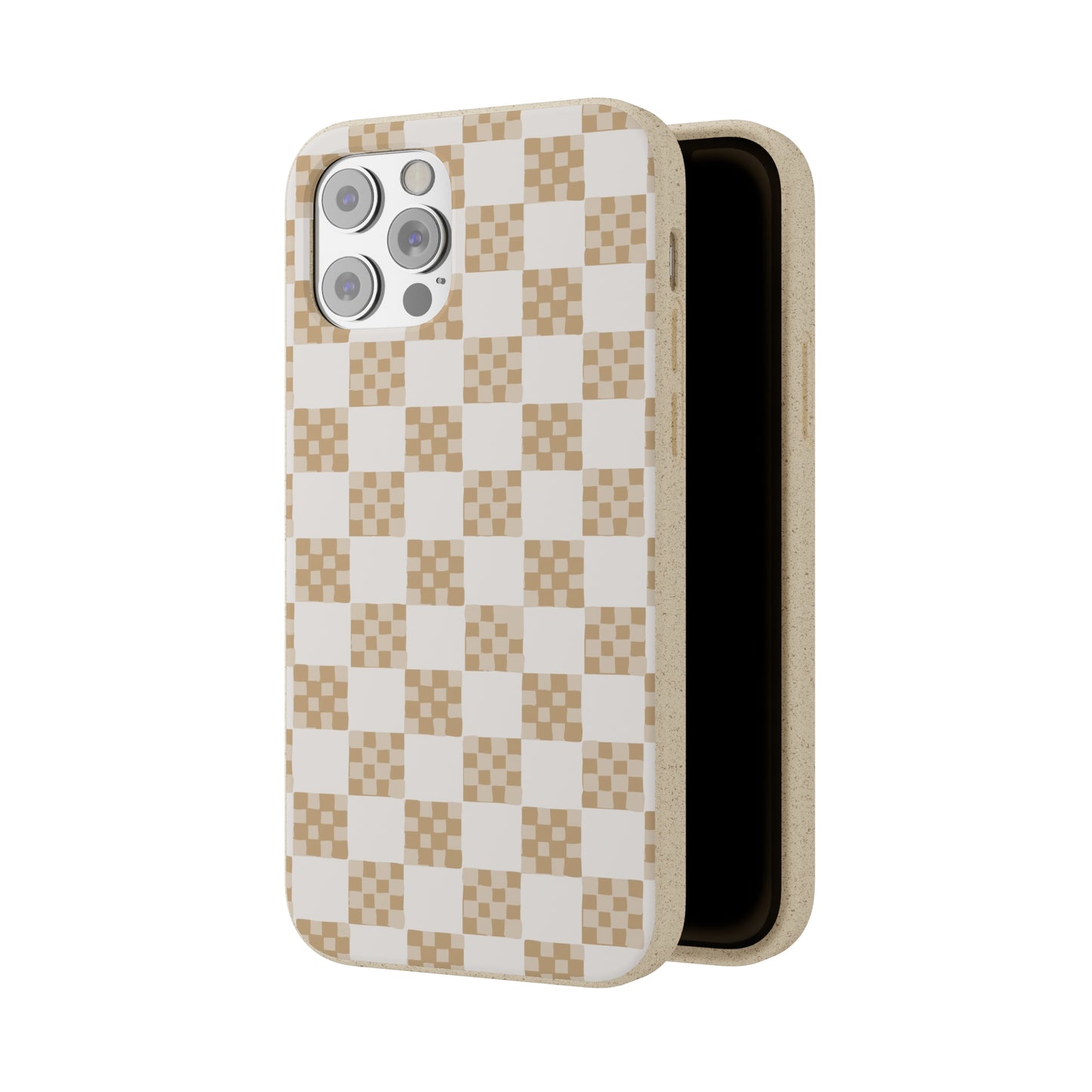 Checkered Quilt Biodegradable Phone Case, tan and white