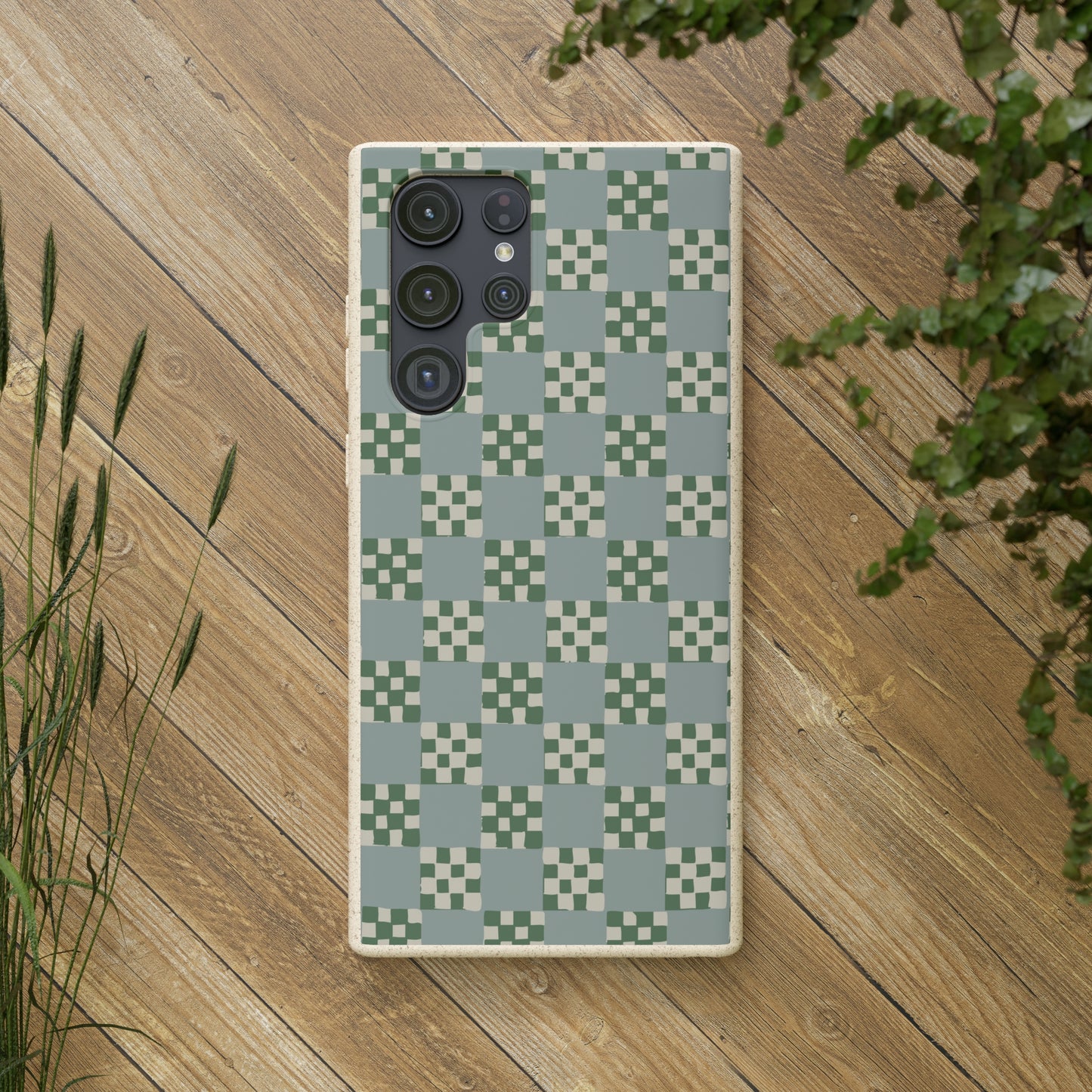 Checkered Quilt Biodegradable Phone Case, mint and green