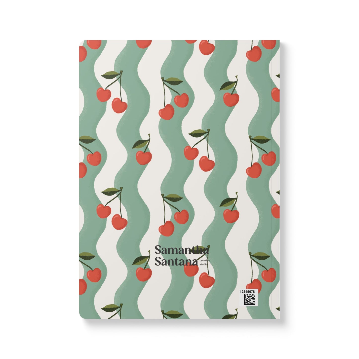 Wavy Cherry Softcover Personalized Journal, teal & white (add your name)