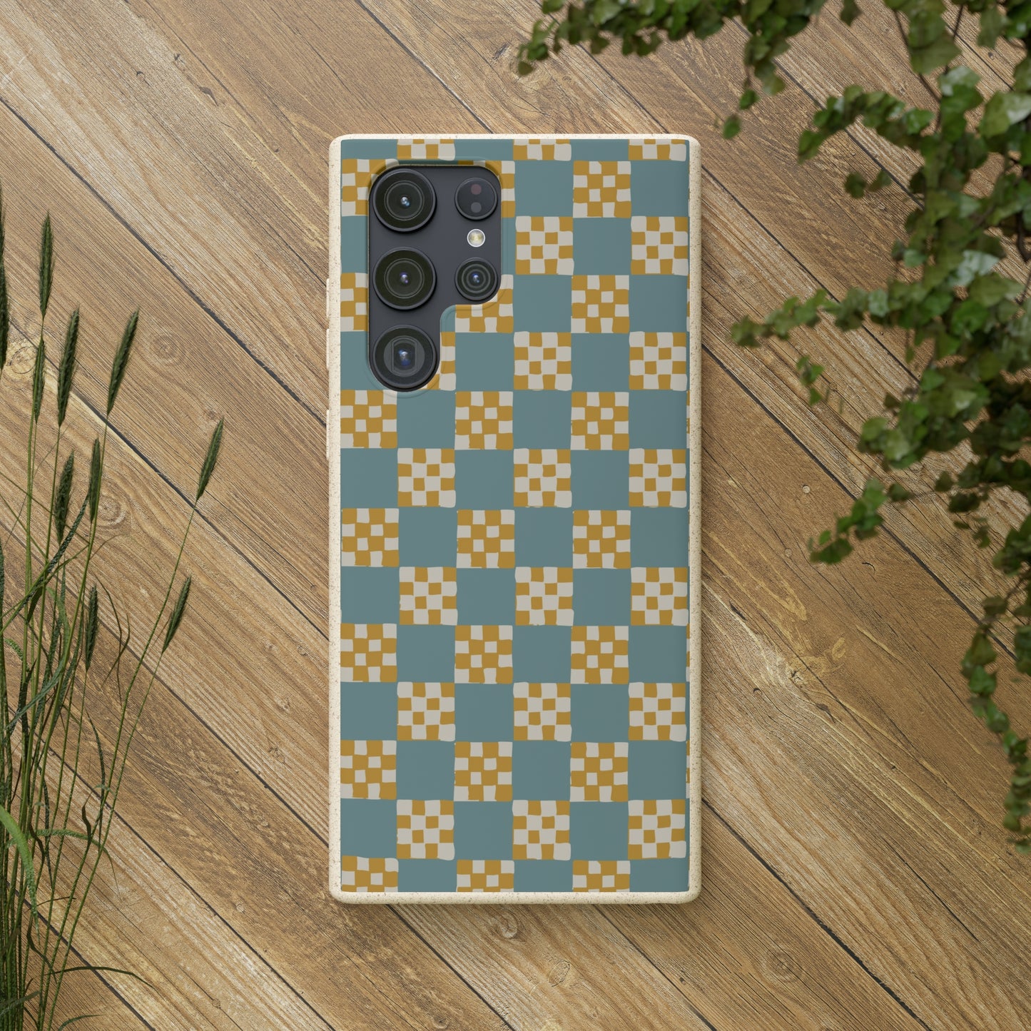 Checkered Quilt Biodegradable Phone Case, light blue and yellow