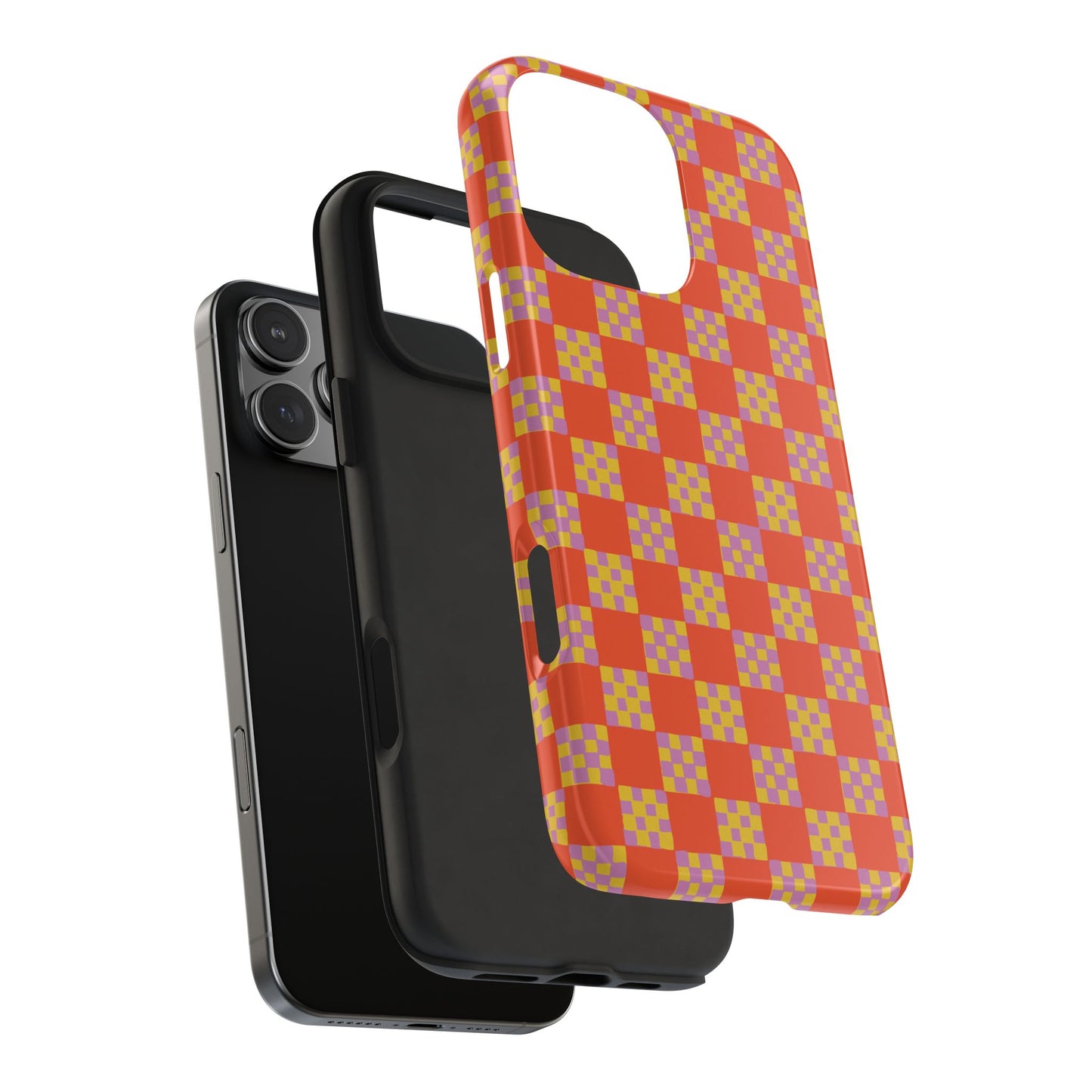 Checker Quilt Tough Phone Case — Retro Red Orange and Purple Pattern, Protective iPhone Cover, Personalizable