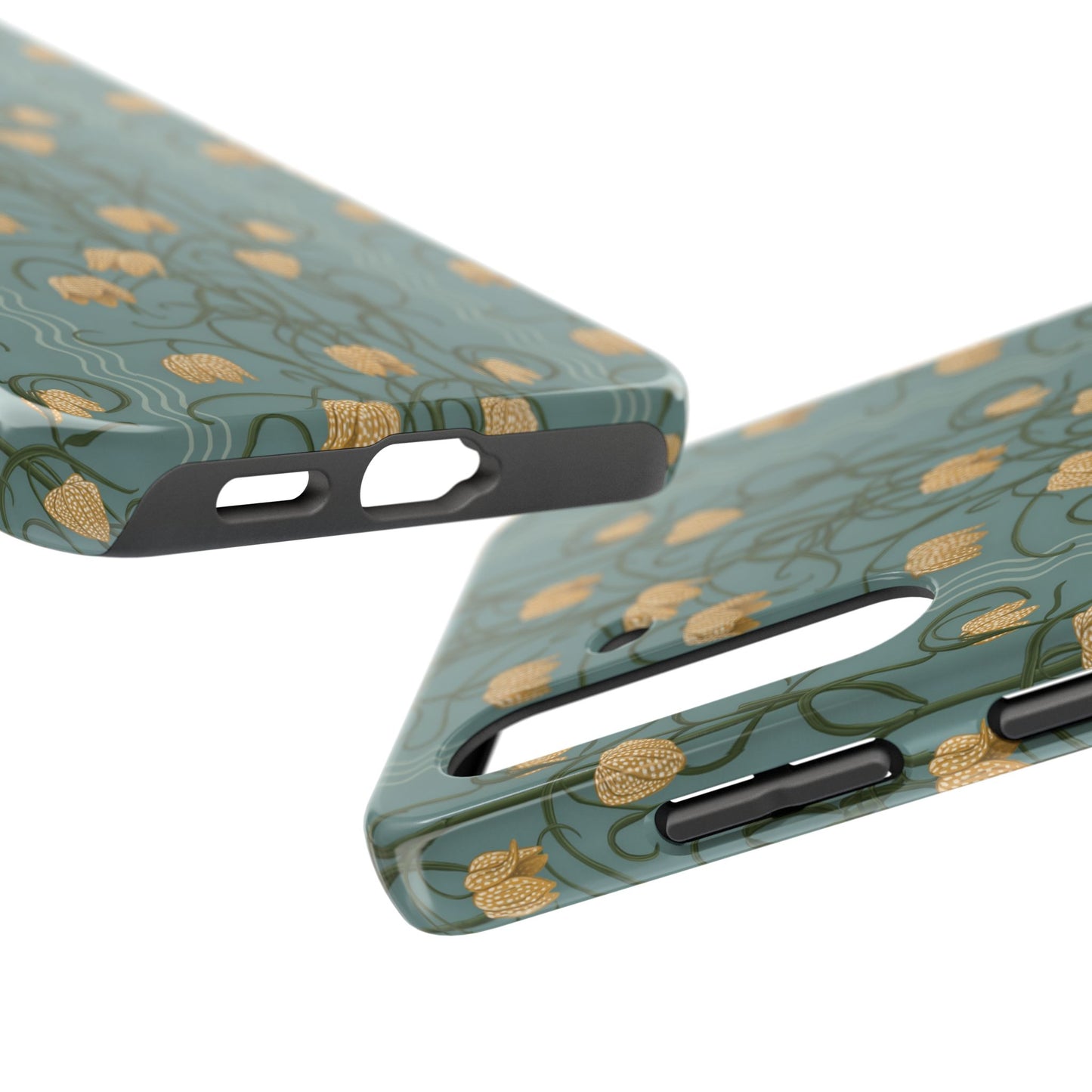 Campanas Floral Tough Phone Case — Dusty Blue and Marigold Wildflower Protective Cover, Personalizable
