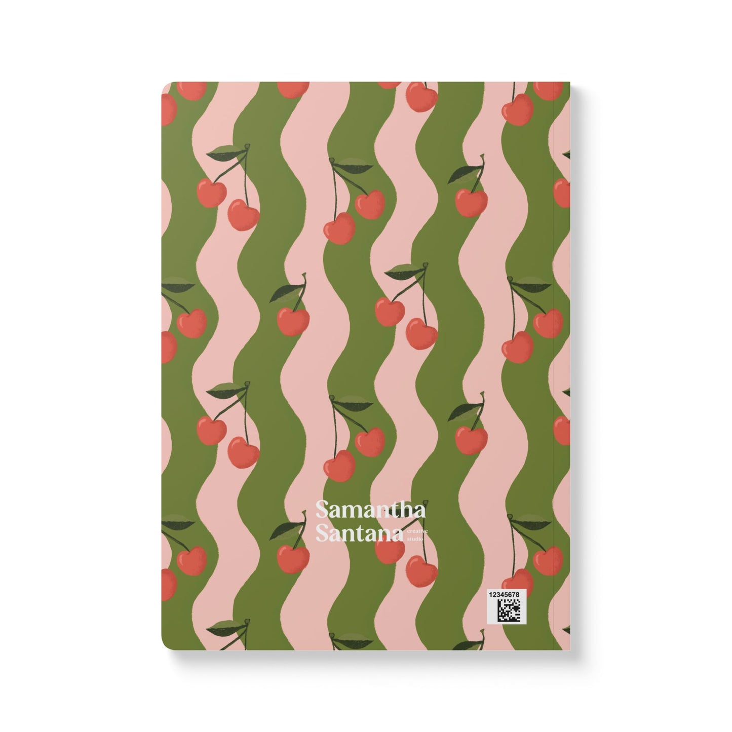 Wavy Cherry Softcover Personalized Journal, pink & olive green (add your name)