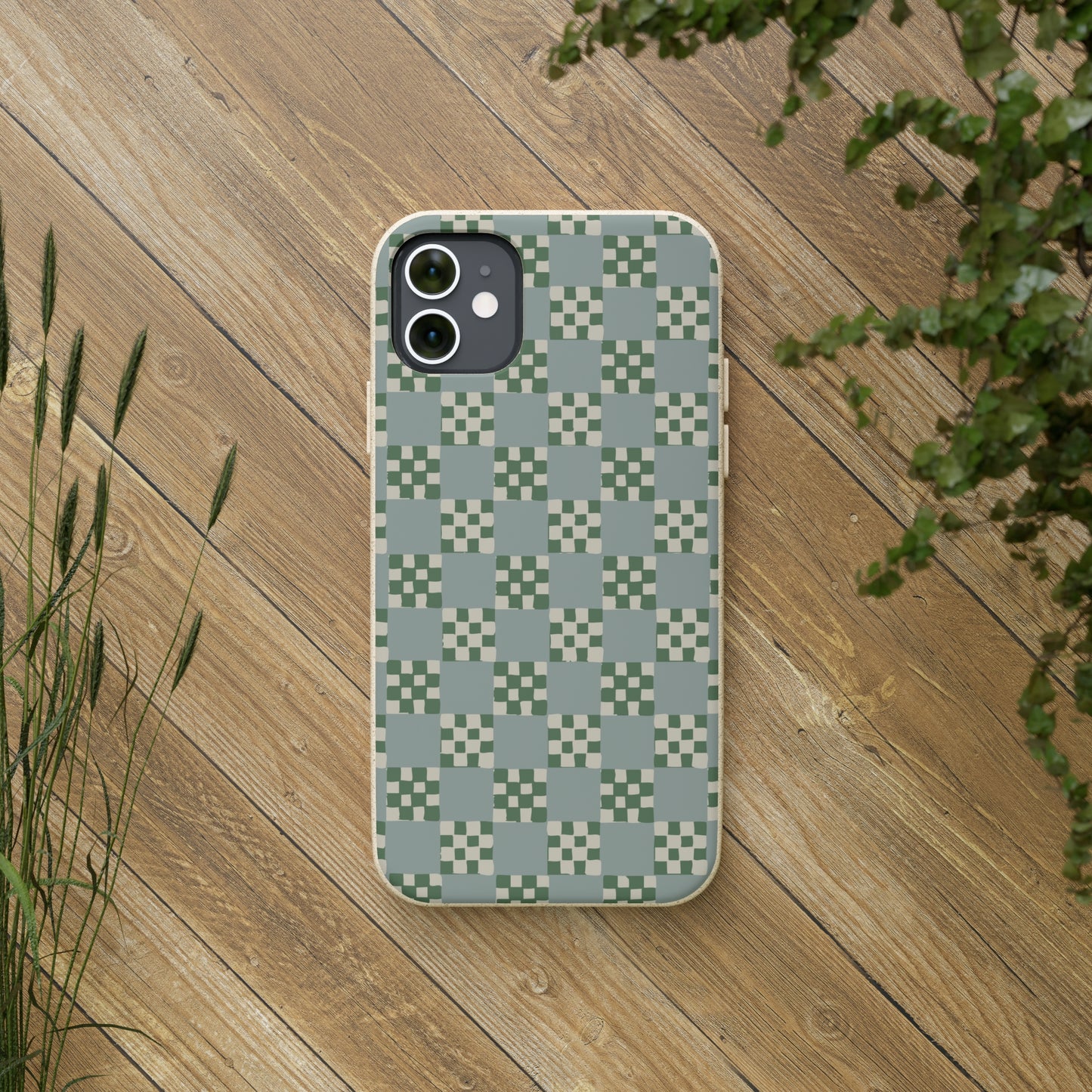 Checkered Quilt Biodegradable Phone Case, mint and green