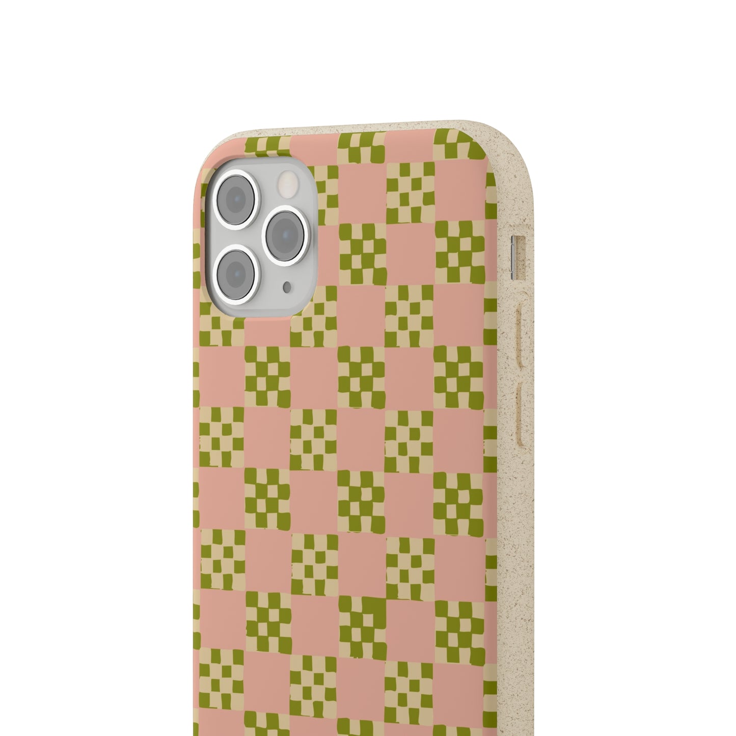 Checkered Quilt Biodegradable Phone Case, pink, olive green and light yellow