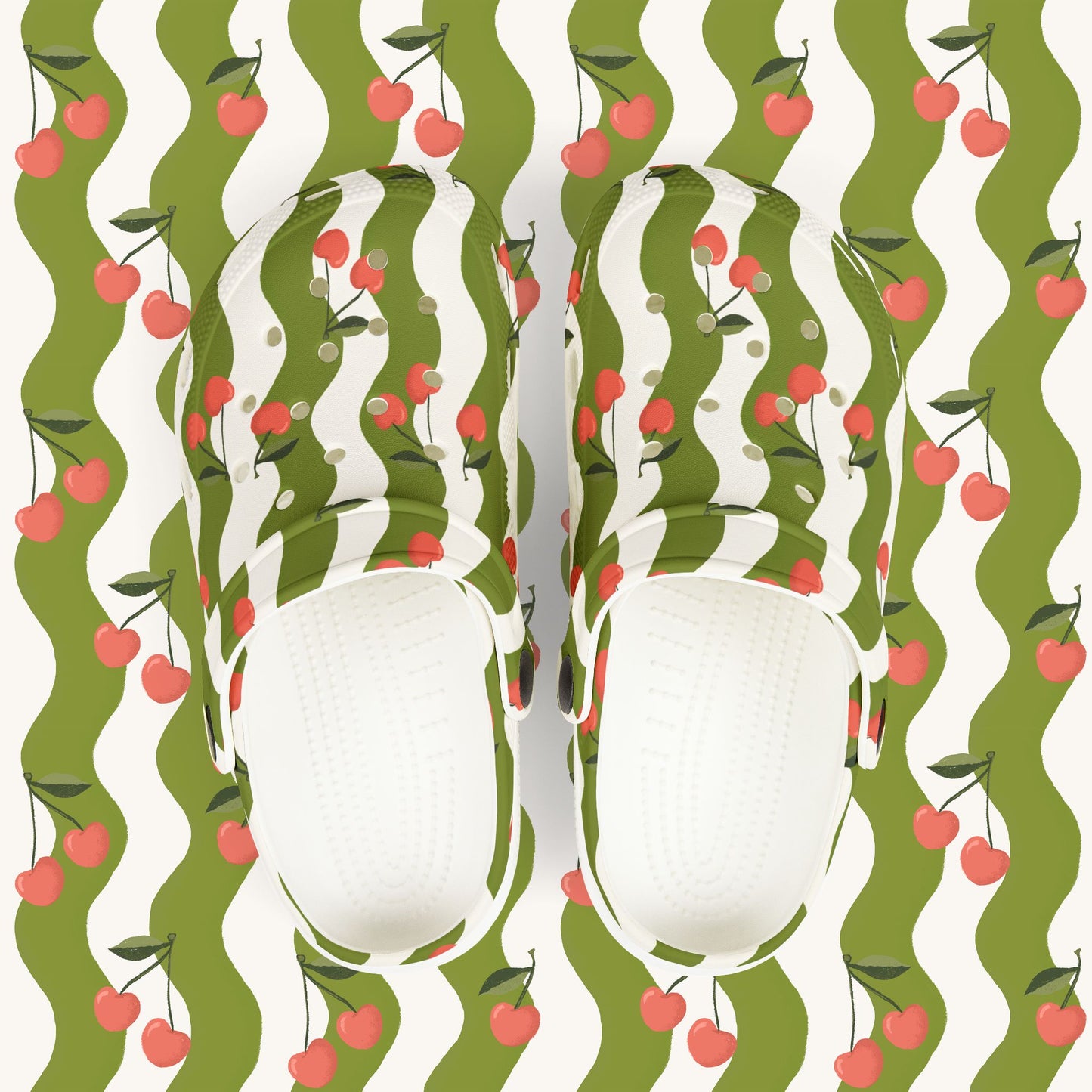 Wavy Cherry Kid's EVA Foam Clogs — White & Green Patterned Slip-Ons
