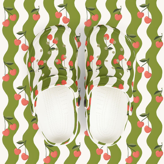 Wavy Cherry Kid's EVA Foam Clogs — White & Green Patterned Slip-Ons