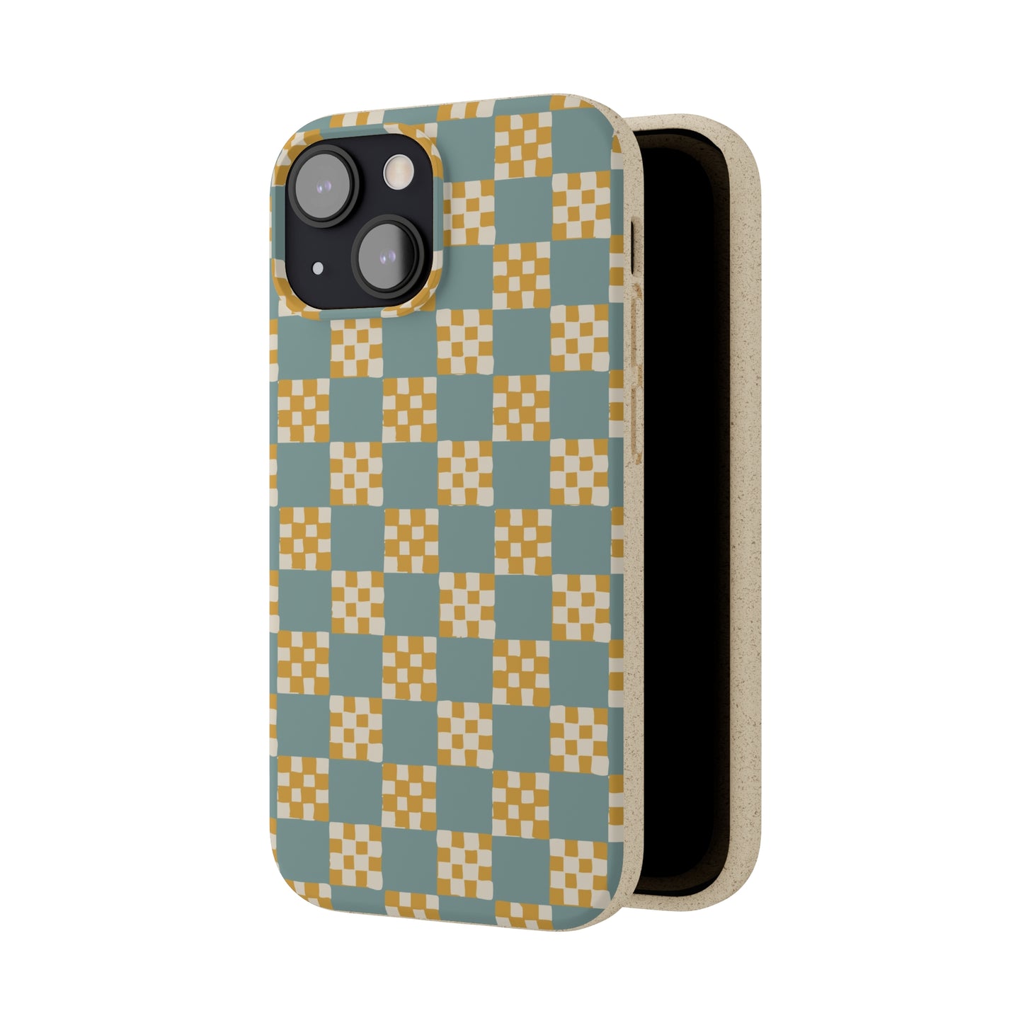 Checkered Quilt Biodegradable Phone Case, light blue and yellow