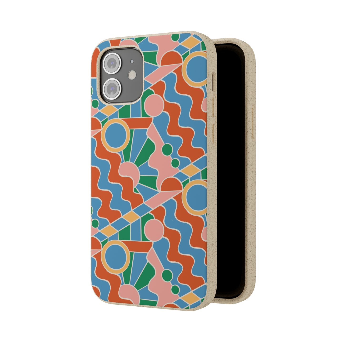 Day Trippin' Biodegradable Phone Case, blue, green, pink and brick red