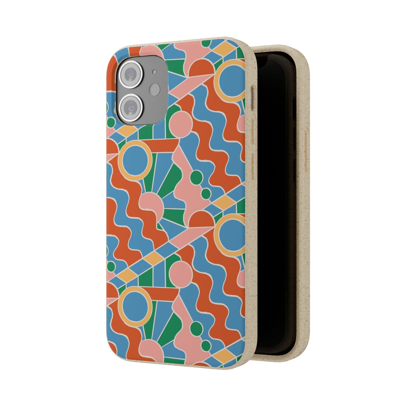 Day Trippin' Biodegradable Phone Case, blue, green, pink and brick red