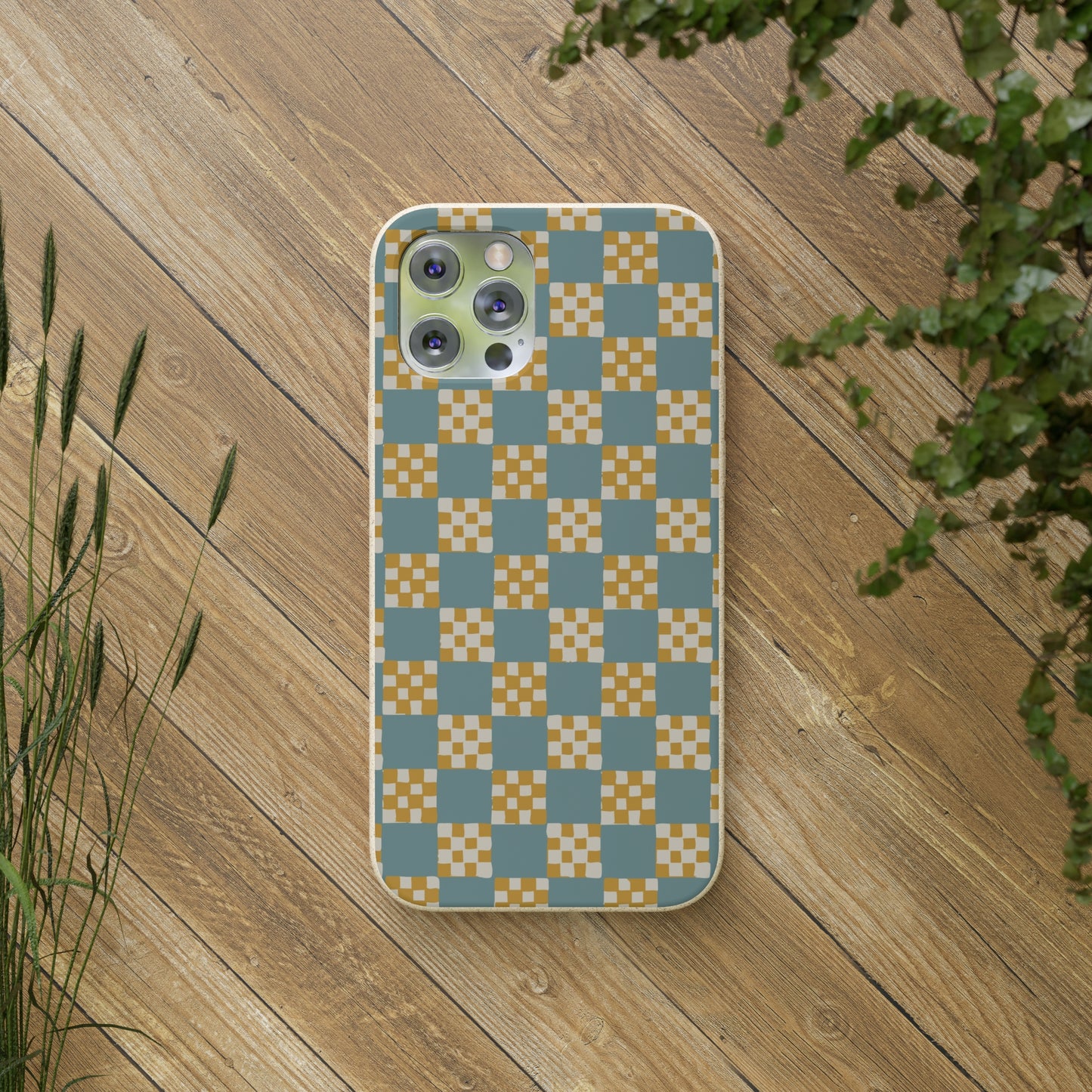 Checkered Quilt Biodegradable Phone Case, light blue and yellow