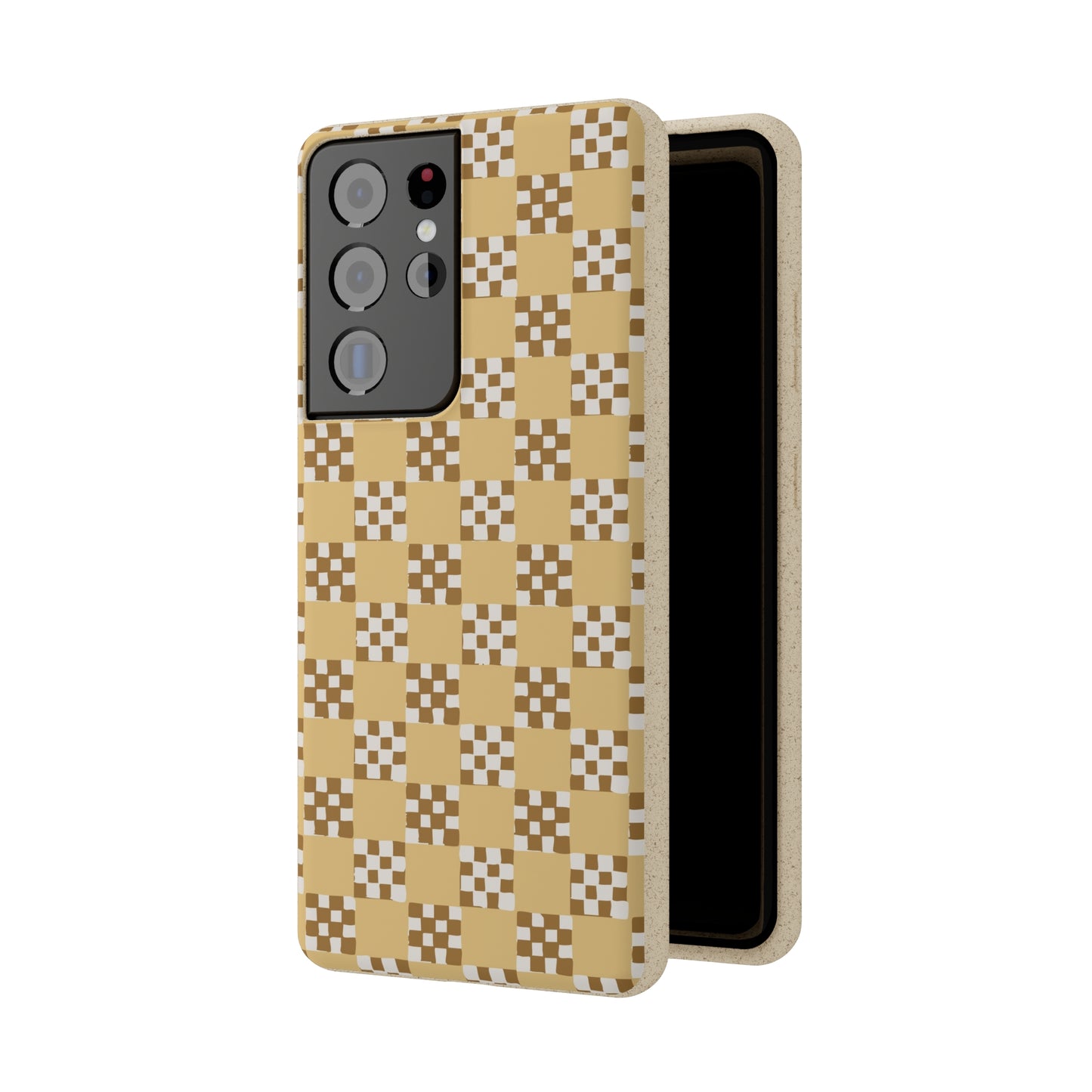 Checkered Quilt Biodegradable Phone Case, butter yellow, white and toffee