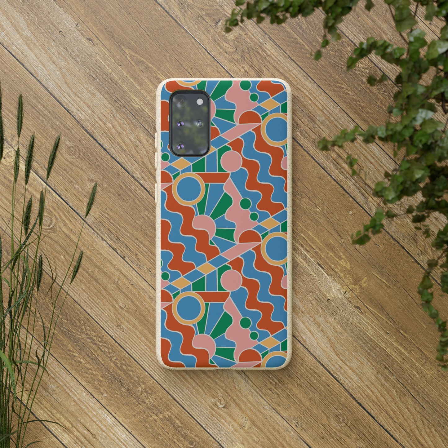 Day Trippin' Biodegradable Phone Case, blue, green, pink and brick red