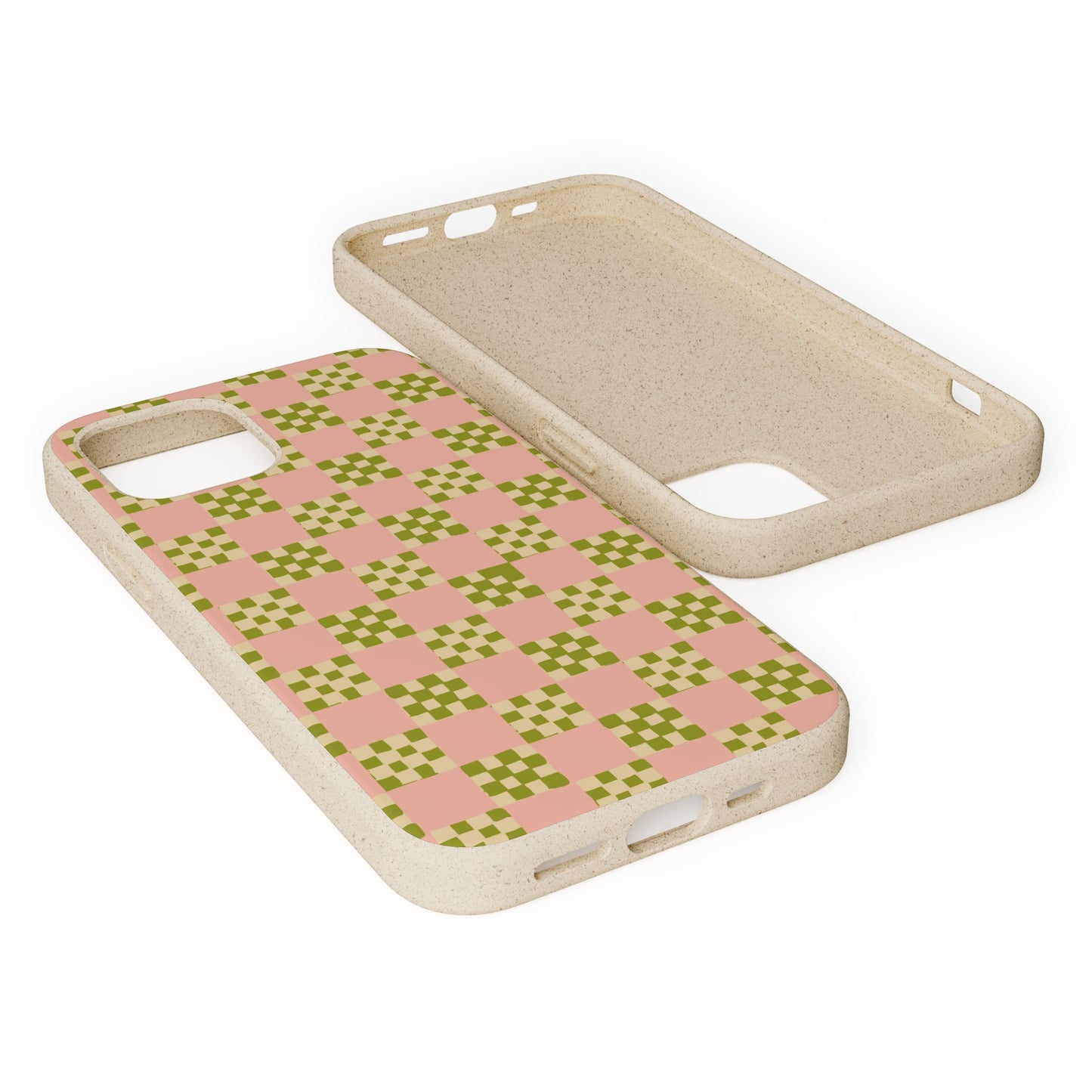 Checkered Quilt Biodegradable Phone Case, pink, olive green and light yellow