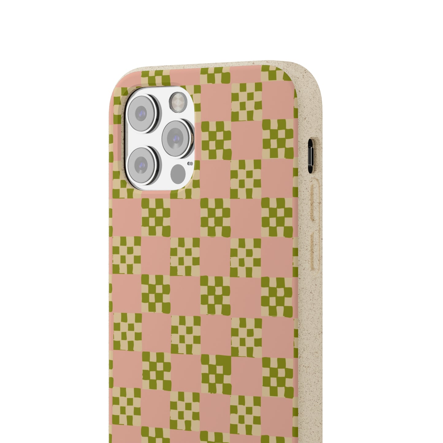 Checkered Quilt Biodegradable Phone Case, pink, olive green and light yellow