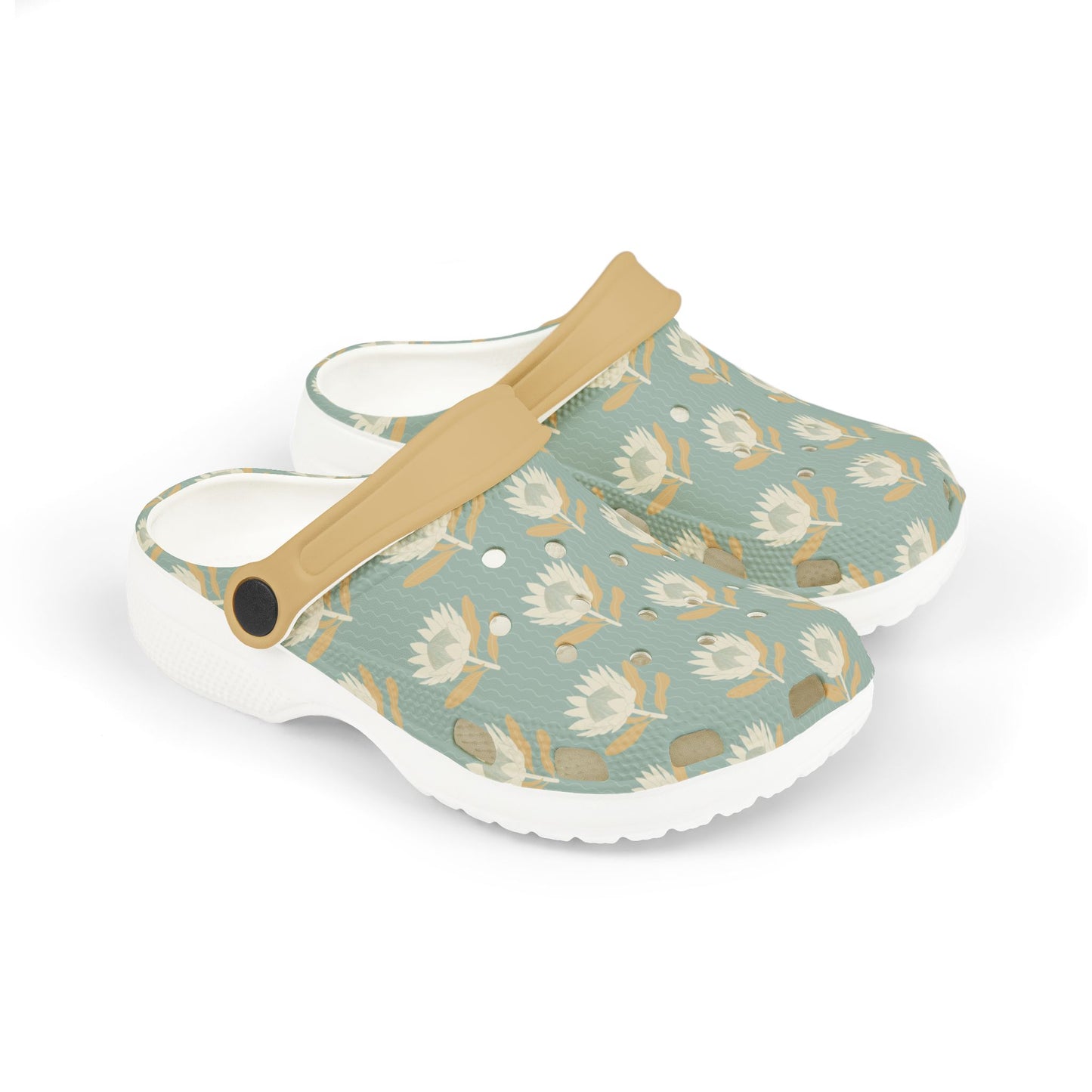 King Protea Floral Kid's EVA Foam Clogs — Light Blue and Apricot All-Over Print Slip-on Shoes