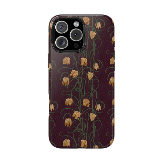 Campanas Floral Tough Phone Case — Eggplant and Toffee Wildflower Protective Cover, Personalizable
