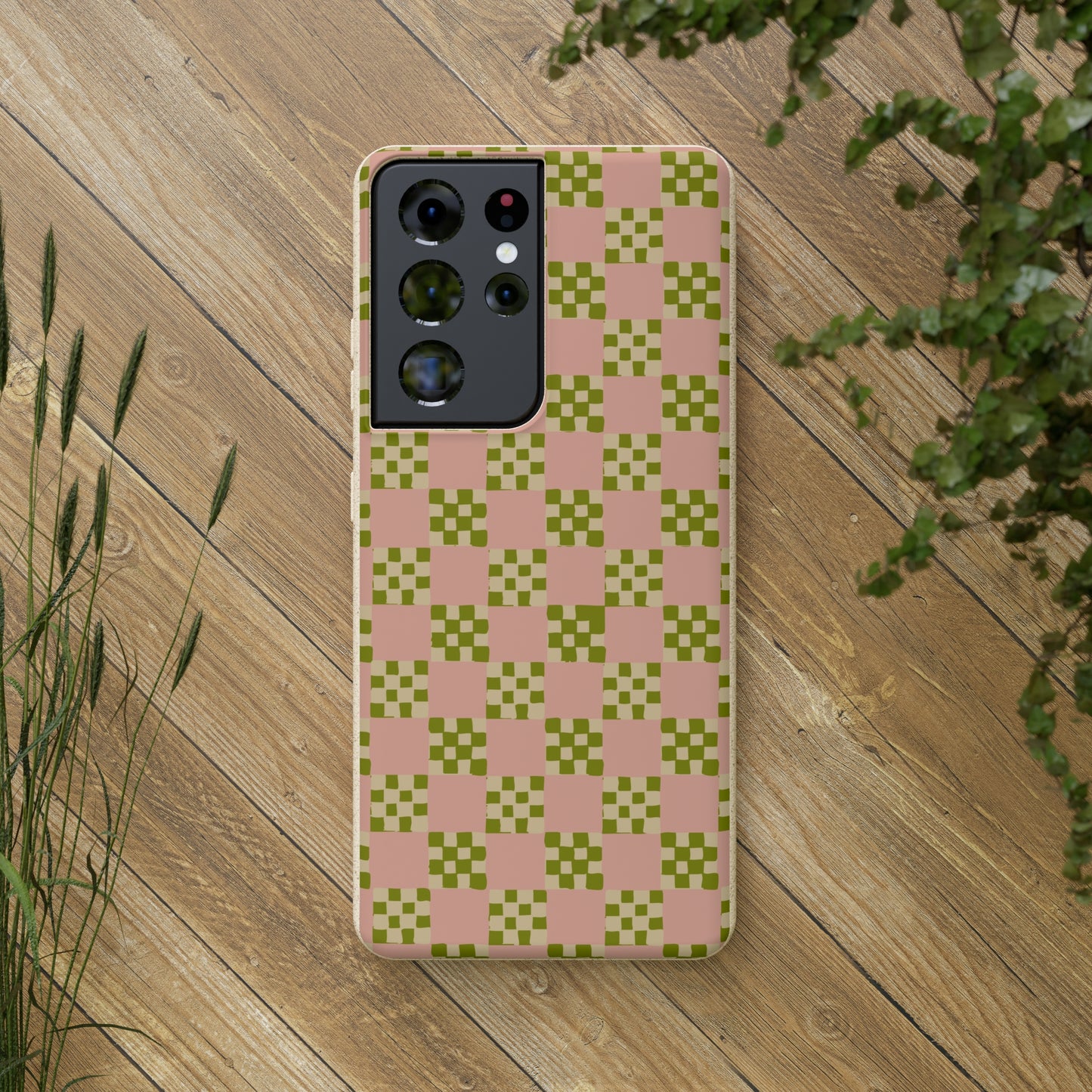 Checkered Quilt Biodegradable Phone Case, pink, olive green and light yellow